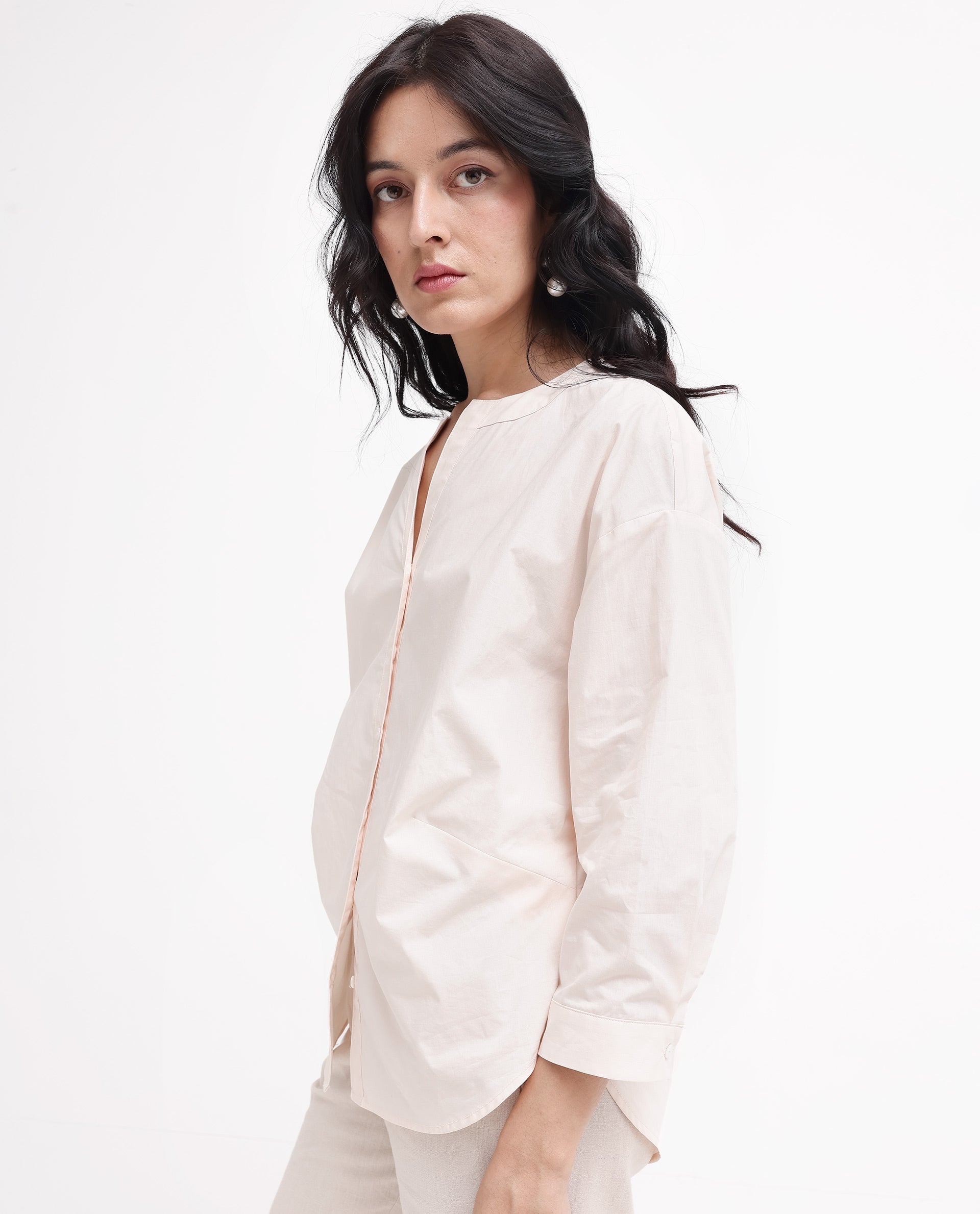 Rareism Women's Cuba-T Light Beige Cotton Mandarin Collar Plain Regular Fit Shirt