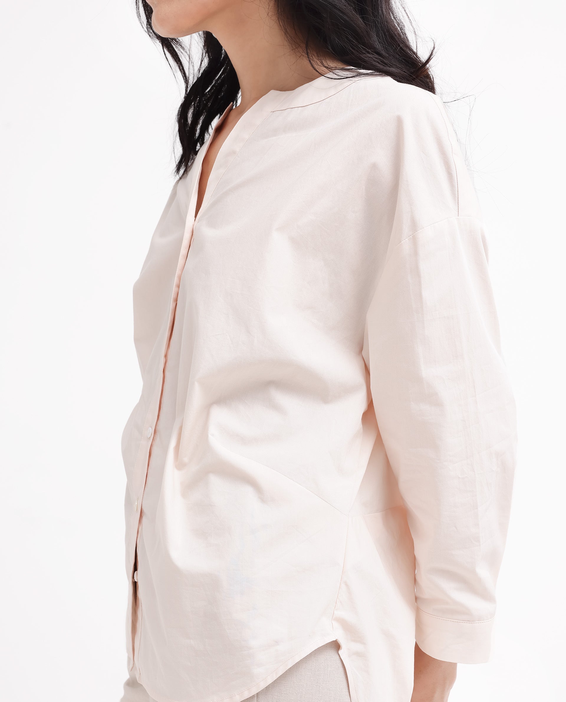 Rareism Women's Cuba-T Light Beige Cotton Mandarin Collar Plain Regular Fit Shirt