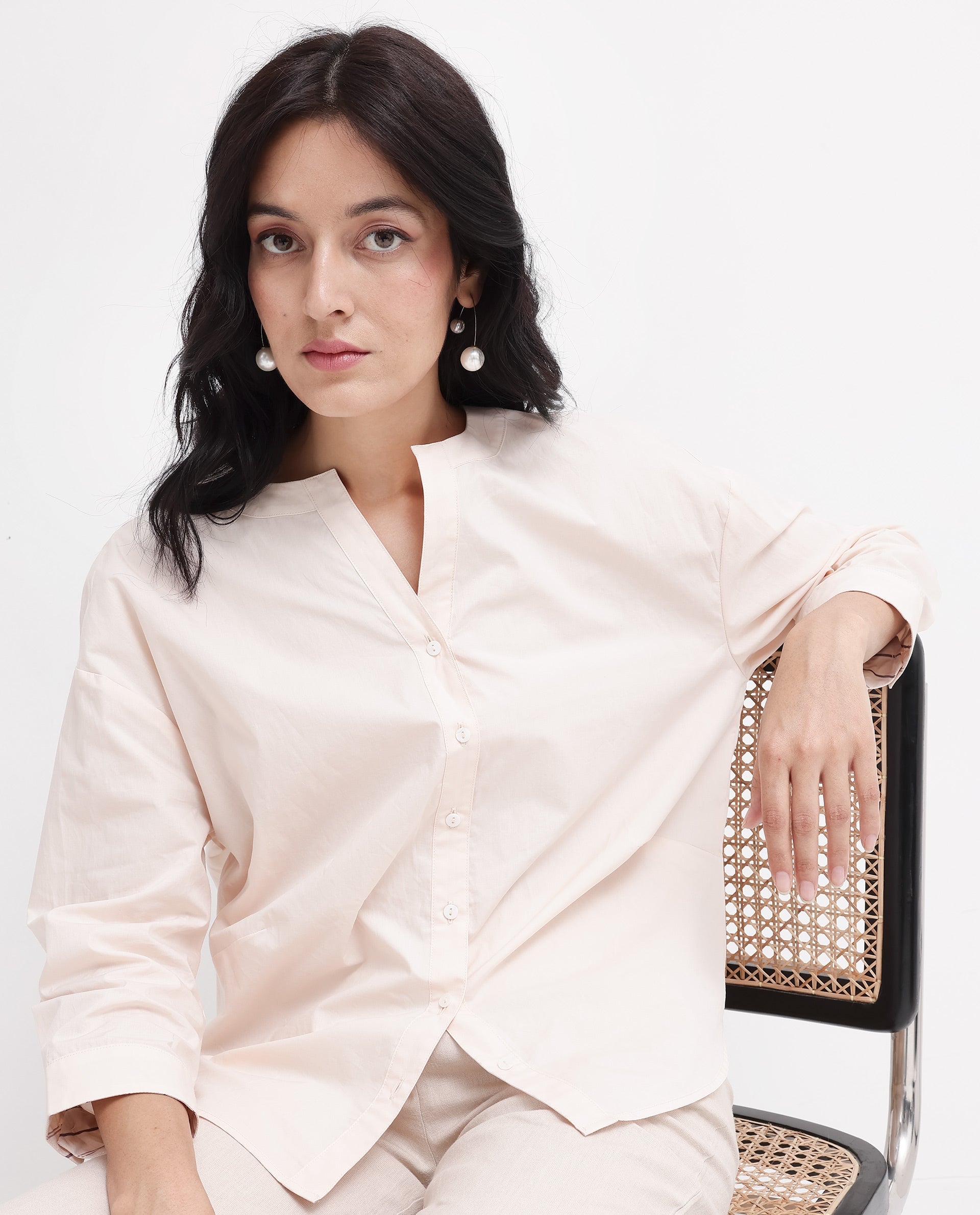 Rareism Women's Cuba-T Light Beige Cotton Mandarin Collar Plain Regular Fit Shirt