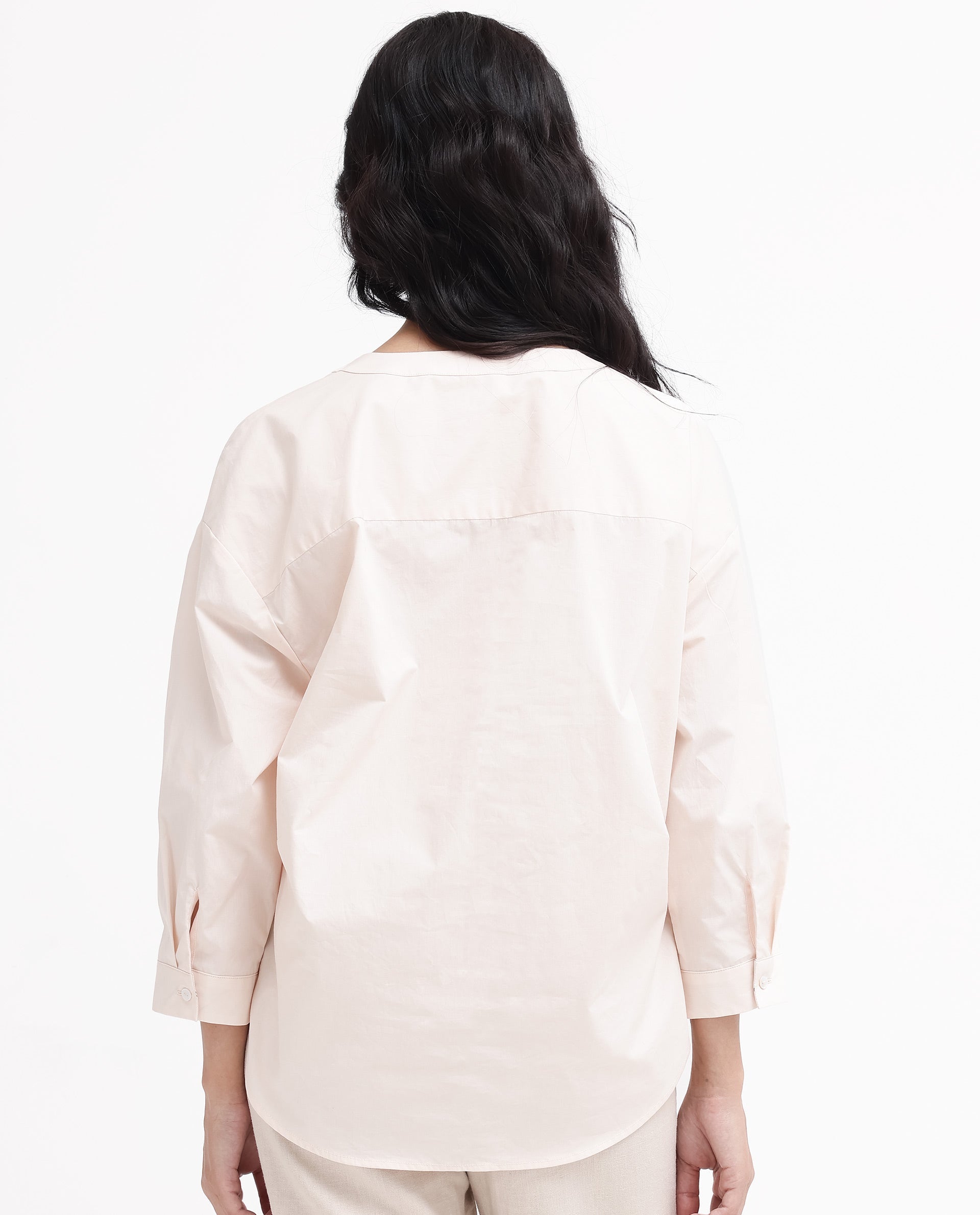 Rareism Women's Cuba-T Light Beige Cotton Mandarin Collar Plain Regular Fit Shirt