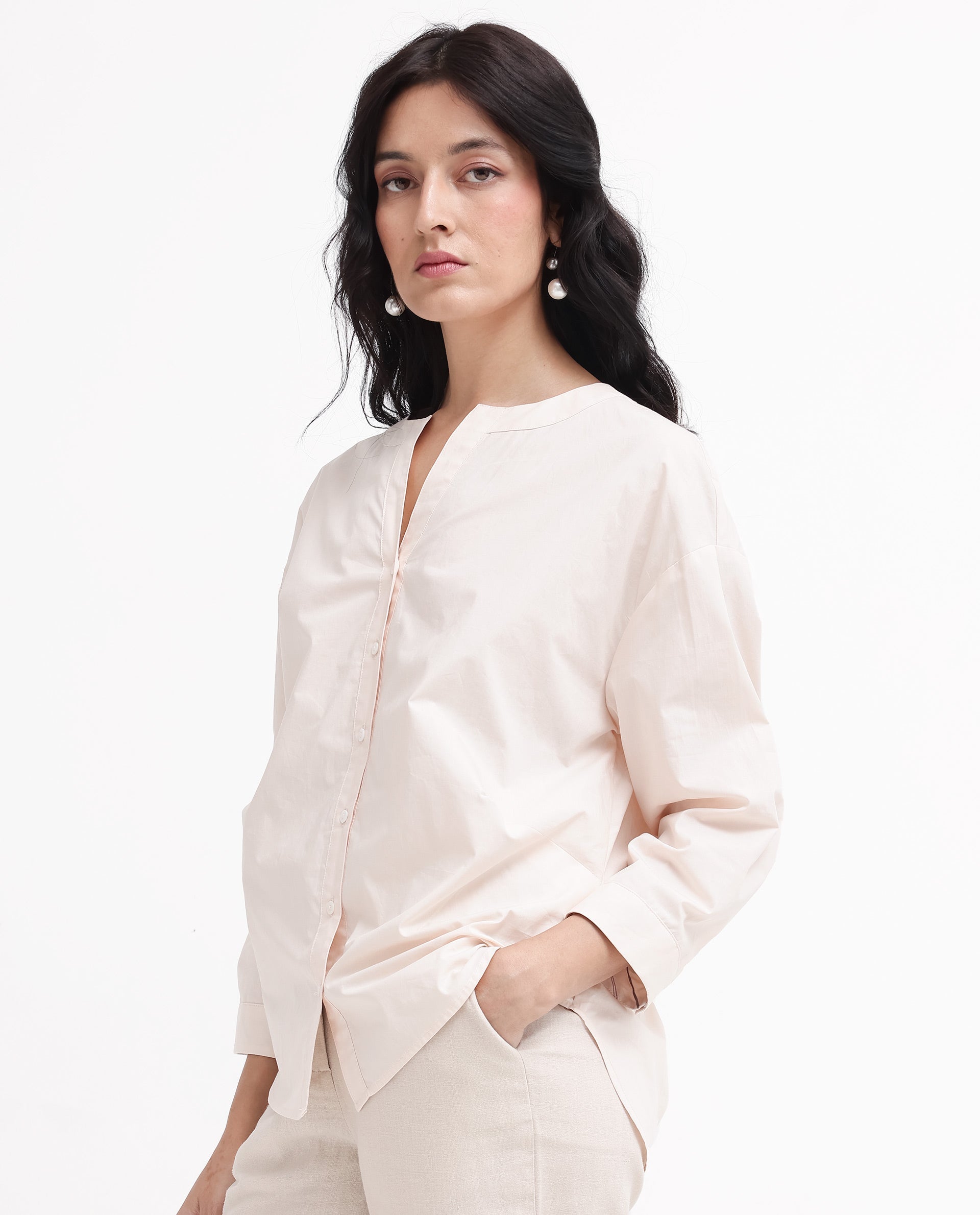 Rareism Women's Cuba-T Light Beige Cotton Mandarin Collar Plain Regular Fit Shirt