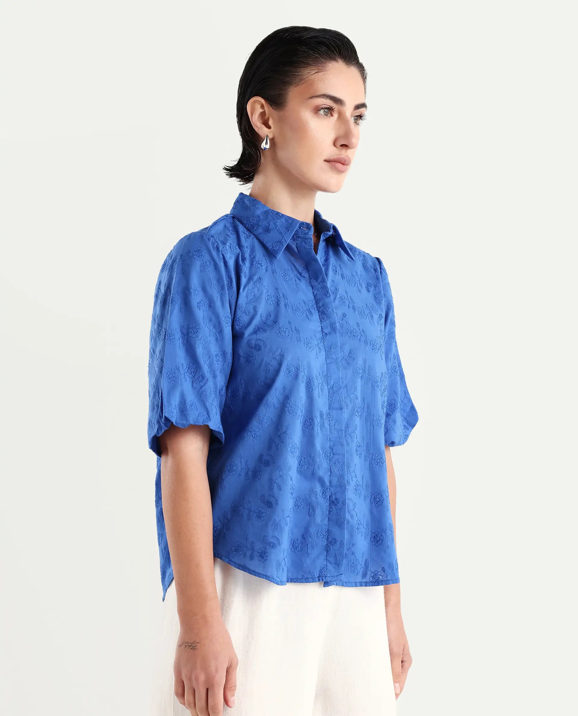 Rareism Women's Cuire Blue Cotton Drop Collar Embroidered Balloon Sleeve Regular Fit Shirt