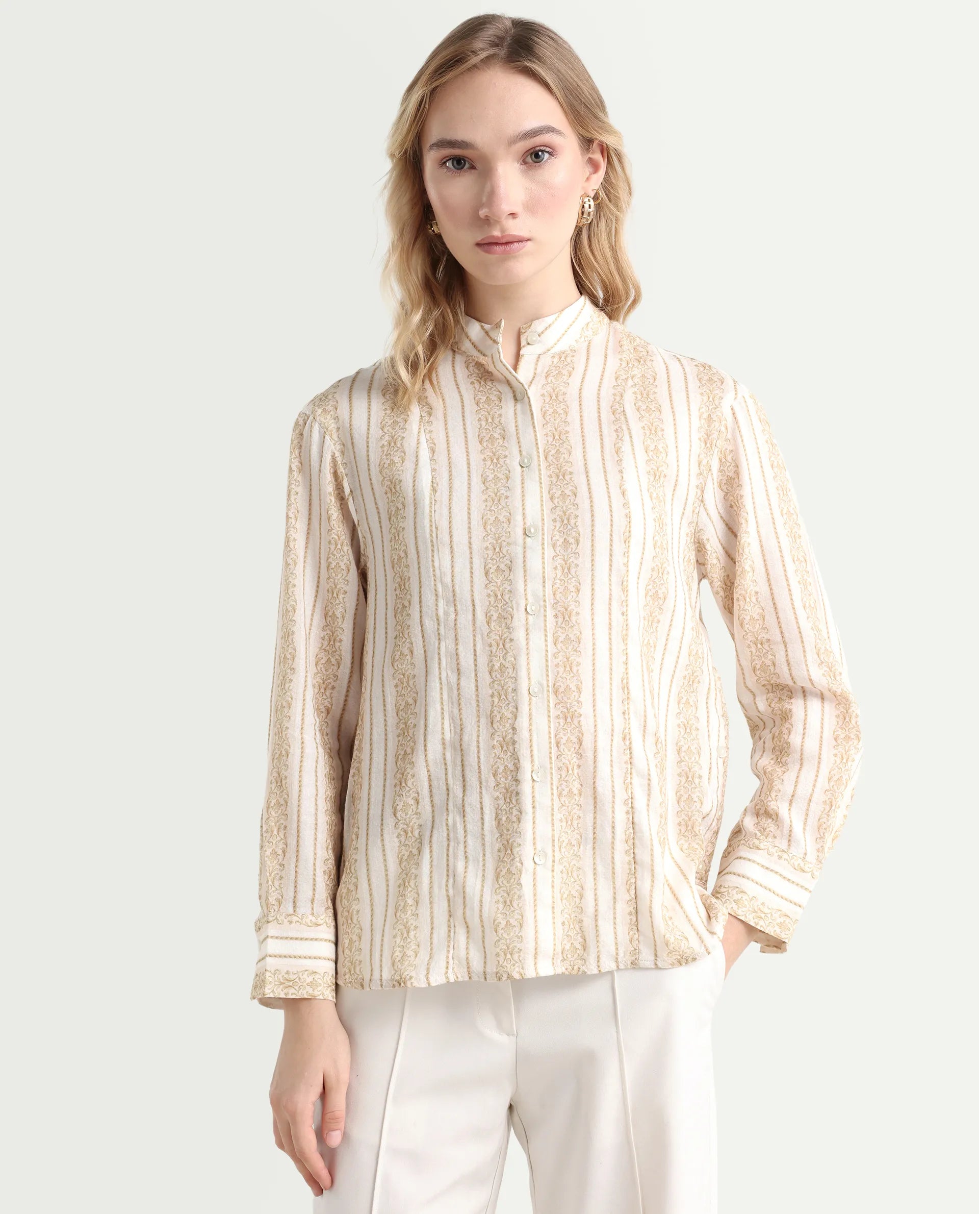 Rareism Women's Cuneo Beige Cotton Mandarin Collar Striped Cuffed Sleeve Regular Fit Shirt