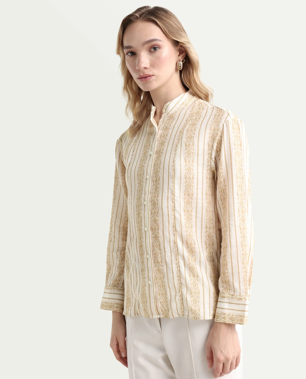 Rareism Women's Cuneo Beige Cotton Mandarin Collar Striped Cuffed Sleeve Regular Fit Shirt