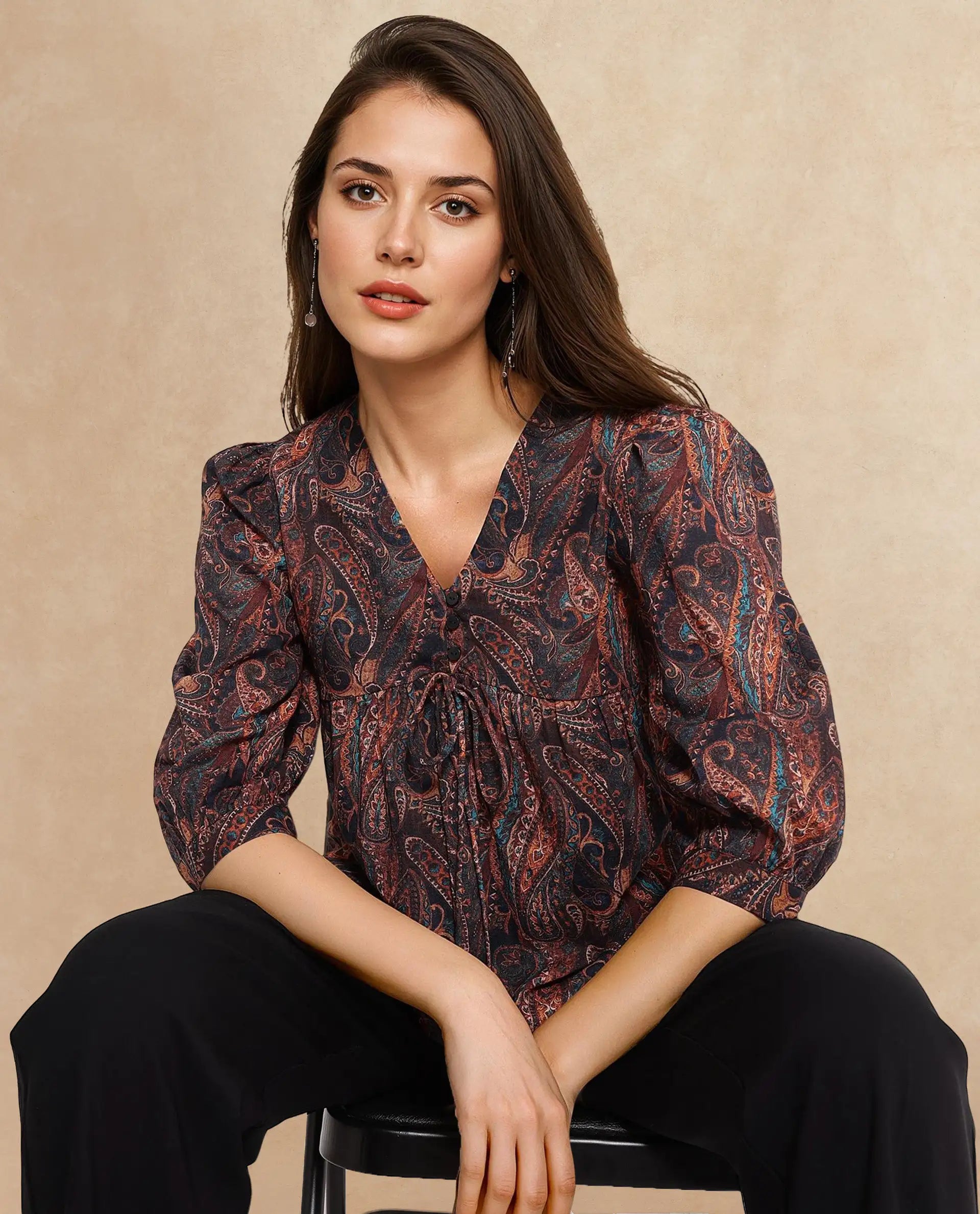 Rareism Women's Cyak Multi Cotton Blend V-Neck Paisley Print Puff Sleeves Regular Fit Top