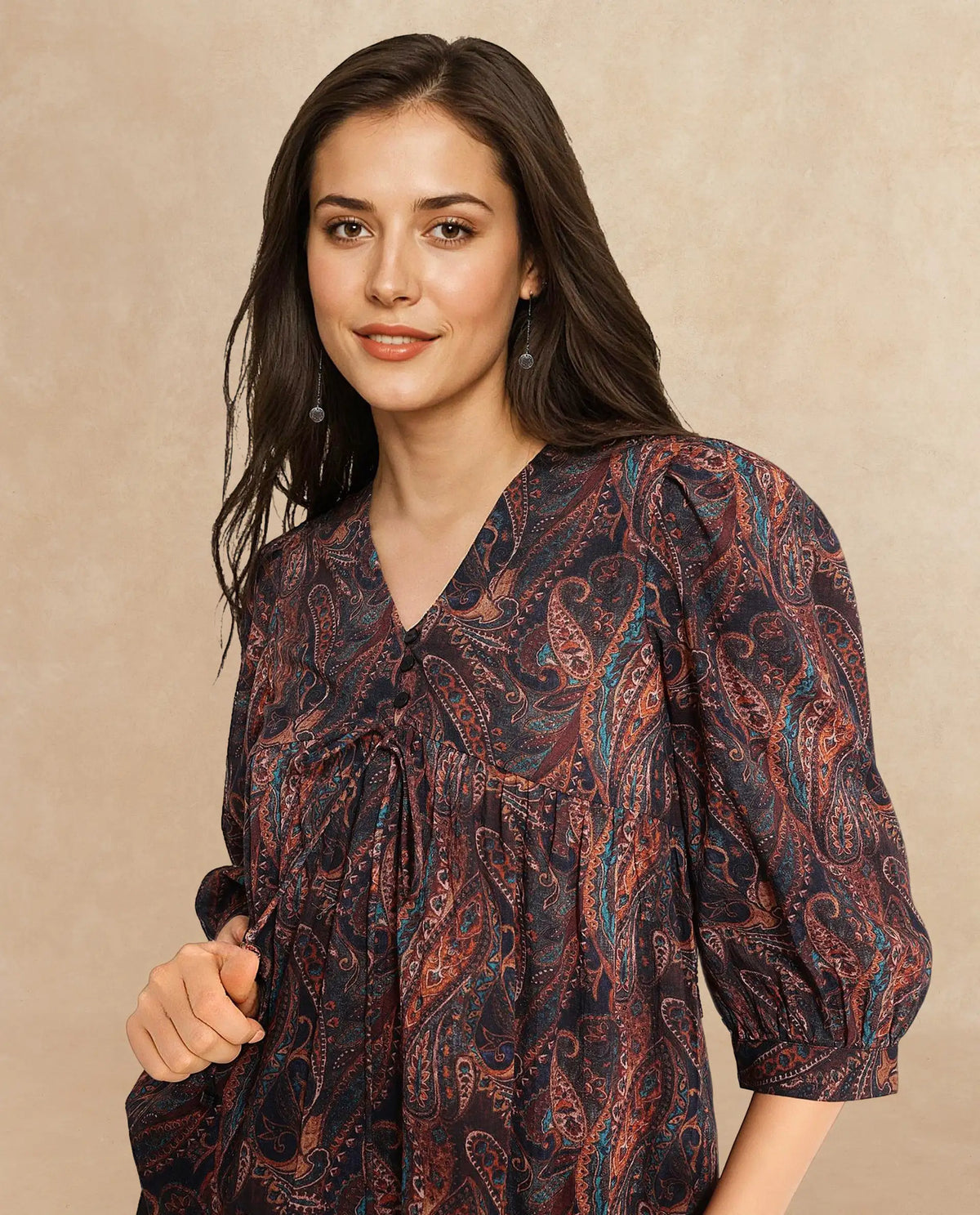 Rareism Women's Cyak Multi Cotton Blend V-Neck Paisley Print Puff Sleeves Regular Fit Top