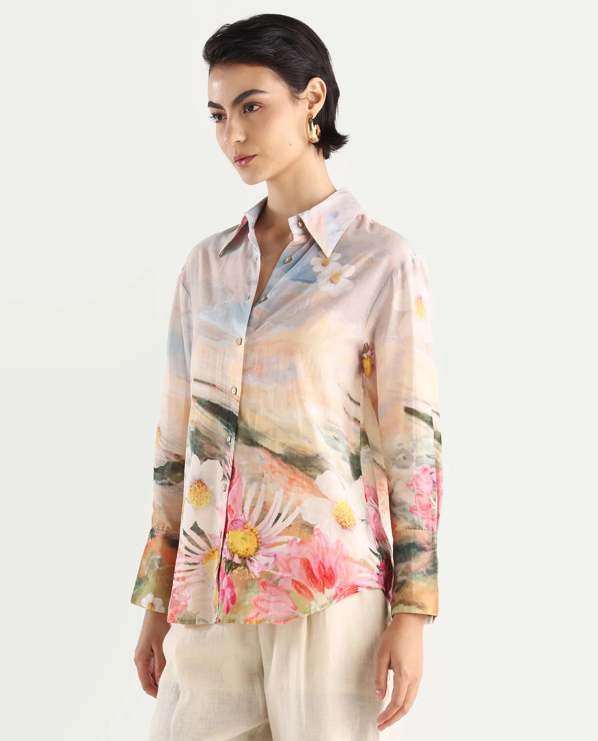 Rareism Women's Cyno Multi Cotton Drop Collar Floral Print Cuffed Sleeve Regular Fit Top