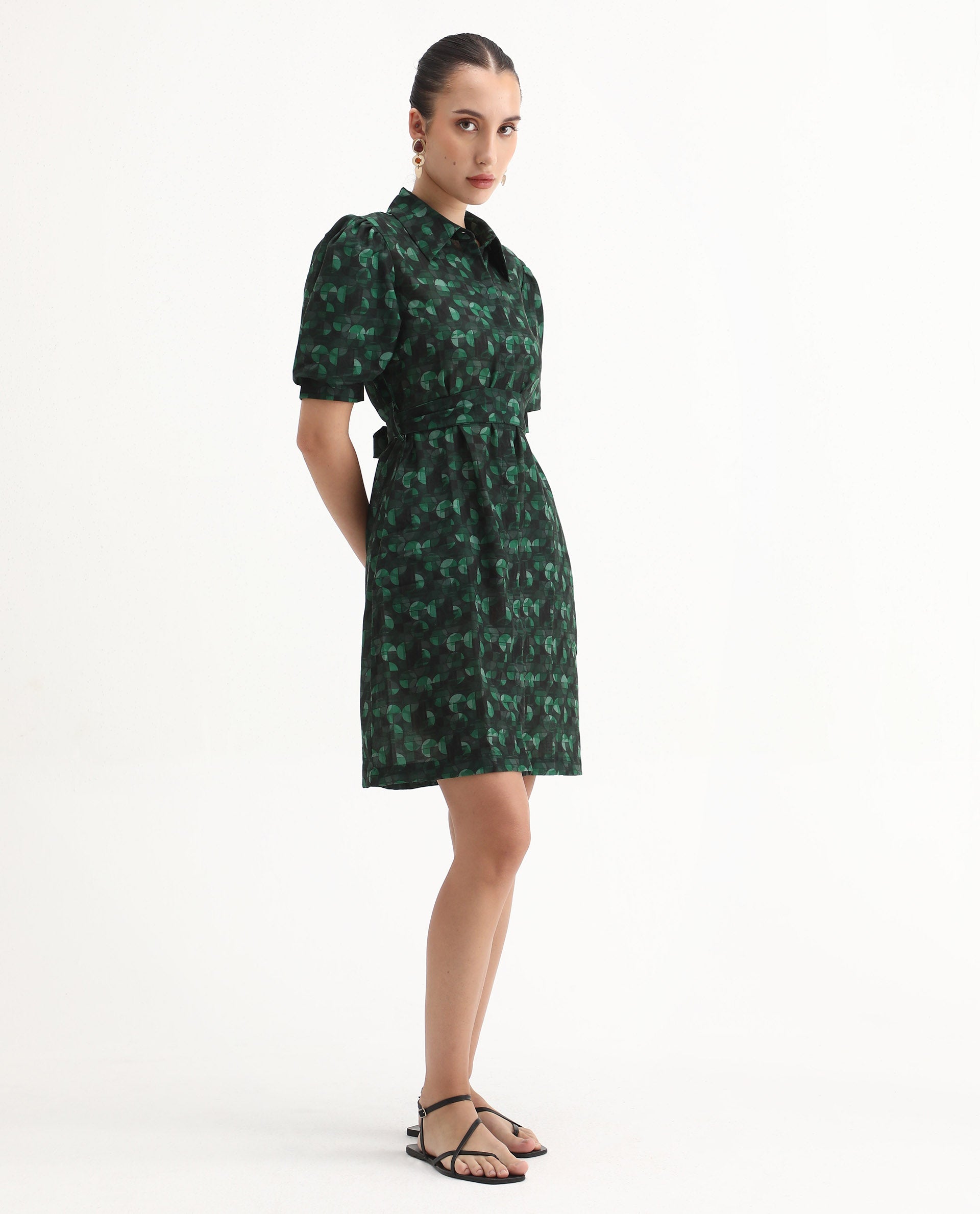 Rareism Women's Cynthia Dark Green Linen Drop Collar Abstract Print Puff Sleeves Mini Straight Fit Dress