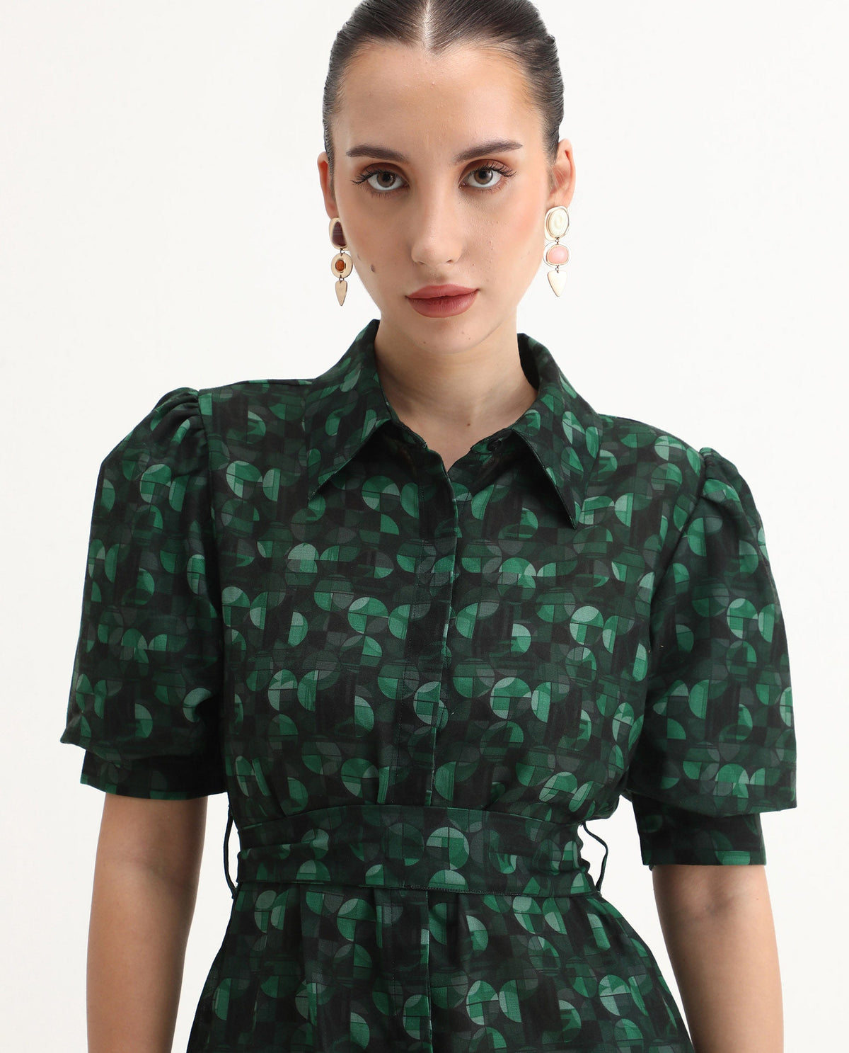 Rareism Women's Cynthia Dark Green Linen Drop Collar Abstract Print Puff Sleeves Mini Straight Fit Dress