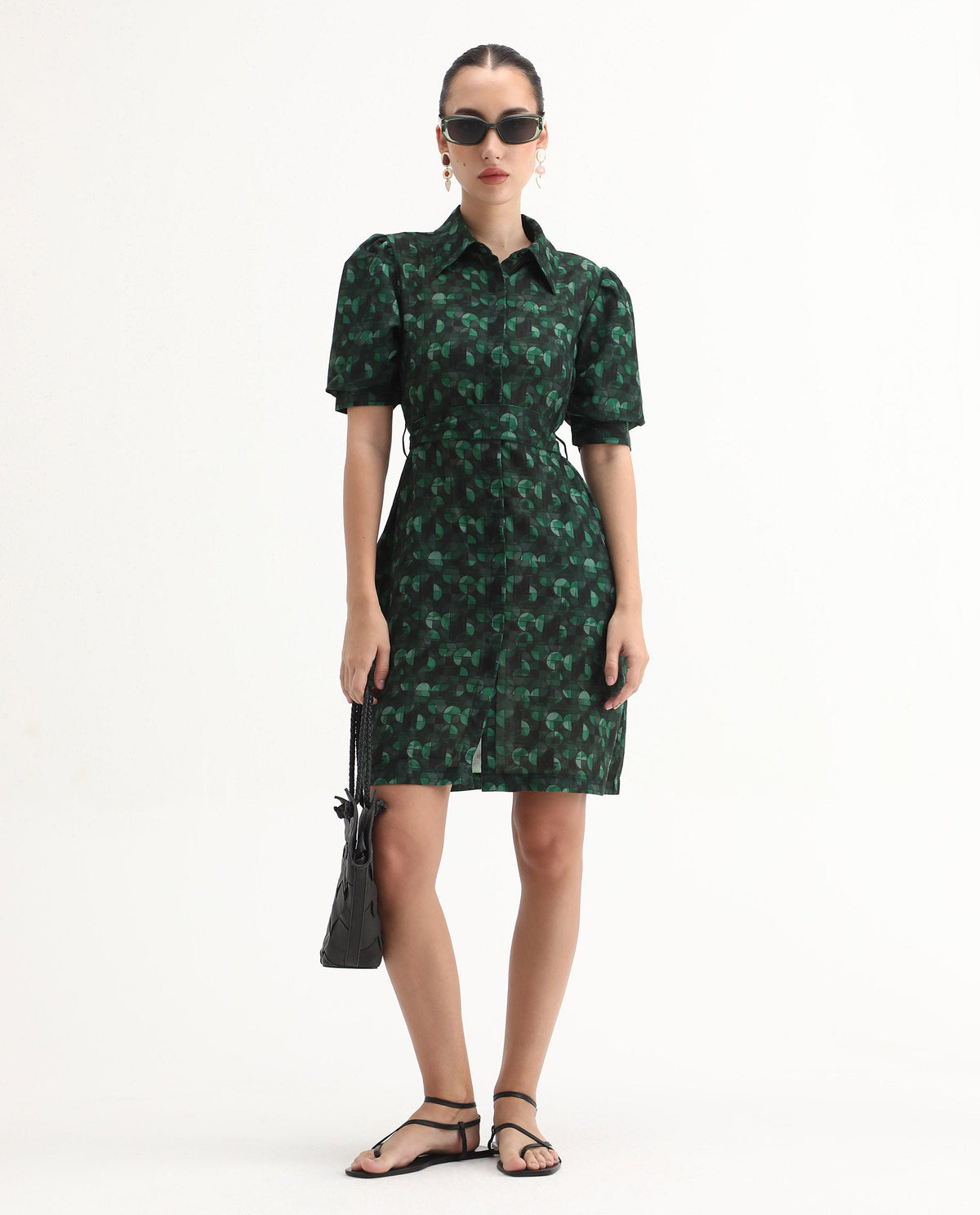 Rareism Women's Cynthia Dark Green Linen Drop Collar Abstract Print Puff Sleeves Mini Straight Fit Dress