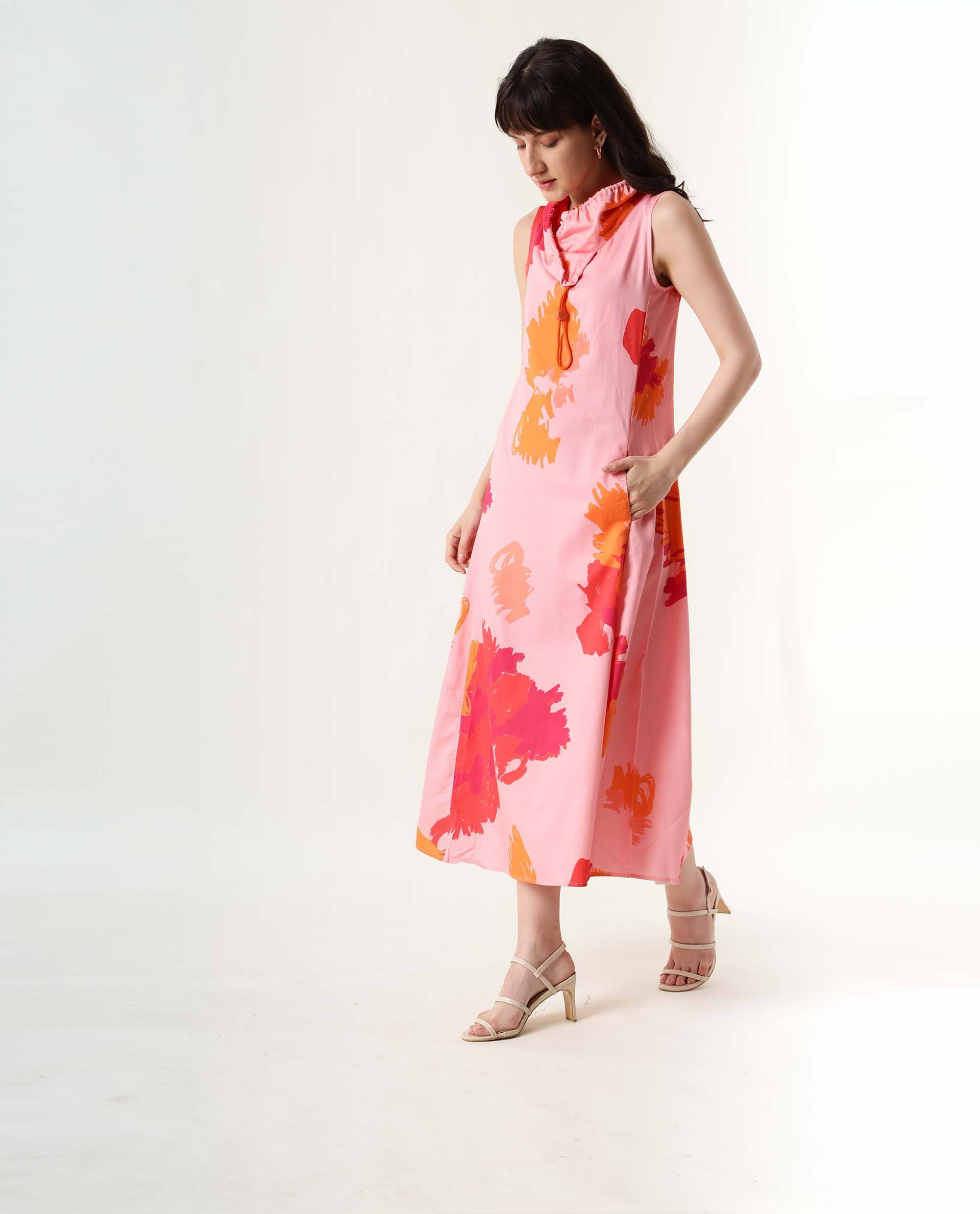 Rareism Womens Cyrus Pink Dress Cotton Fabric Regular Fit Sleeveless Round Neck