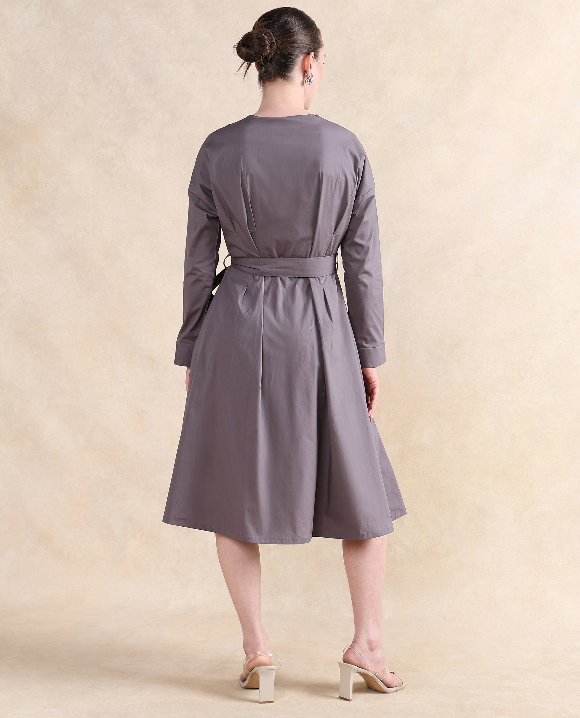 Rareism Women Cyti Grey Cotton Blend Fabric Cuffed Sleeve Round Neck Zipper Closure Flared Knee Length Plain Dress