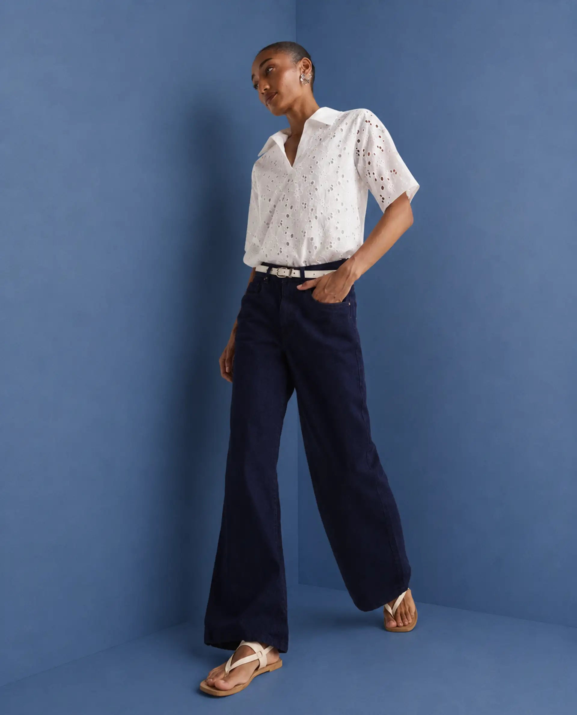 Rareism Women's Ribar Navy Cotton Wide Leg Plain Jeans