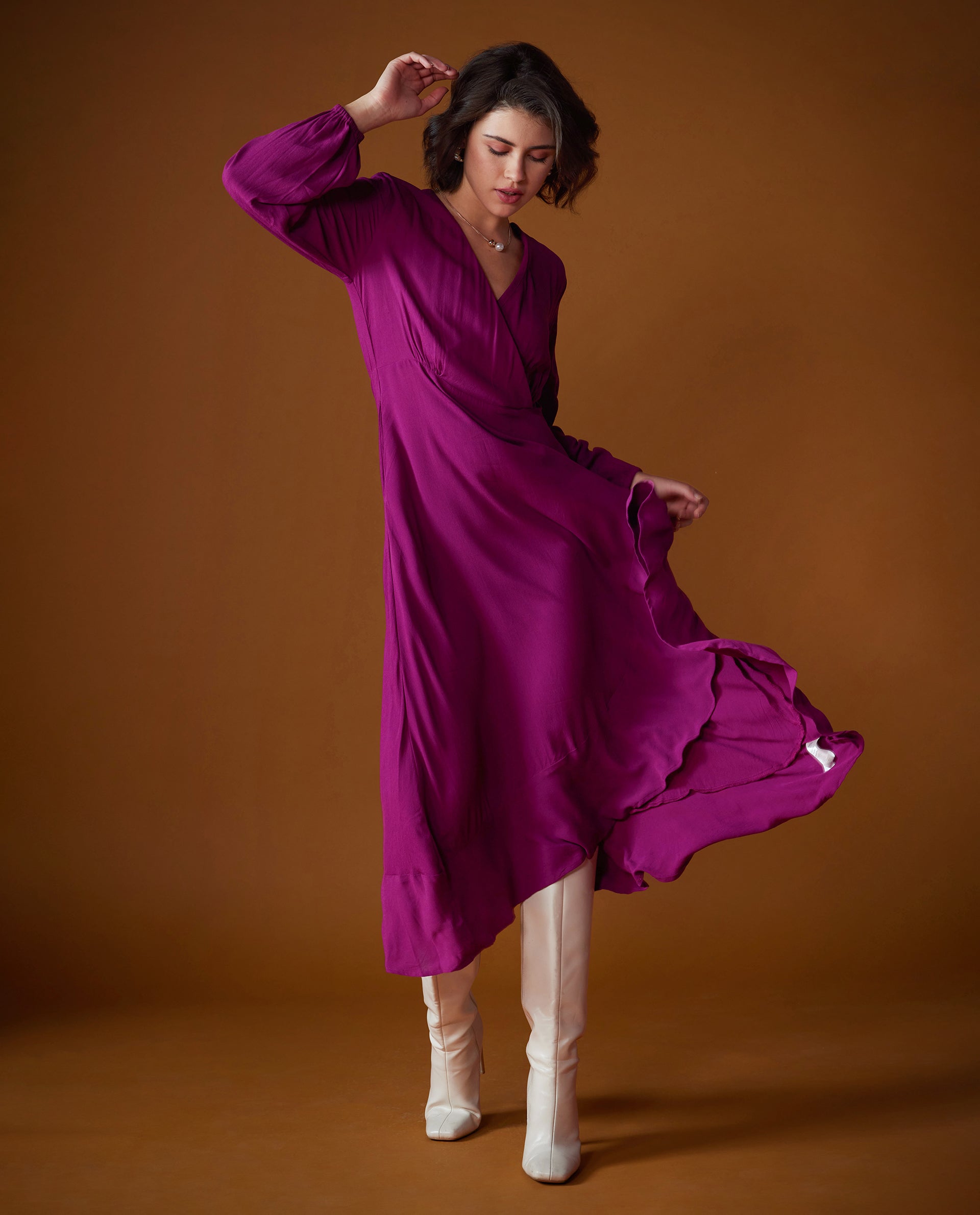 Rareism Women's Rens Dark Maroon Overlap Neck Slip-On Closure Puff Sleeve Plain Fit And Flare Maxi Dress