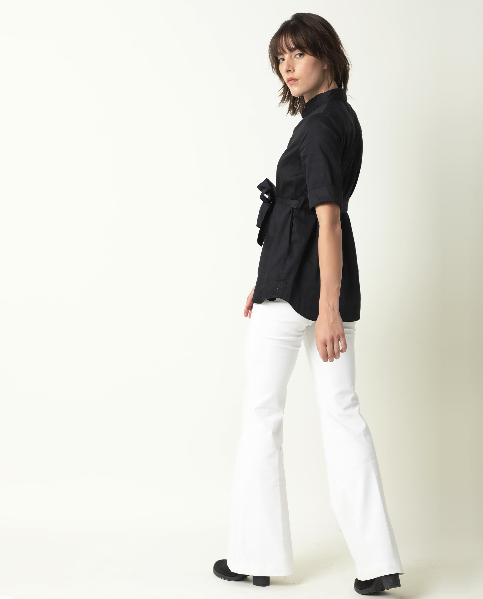 Rareism Women's Glitter Black Spread Collar Plain Knee Length Relaxed Fit Top