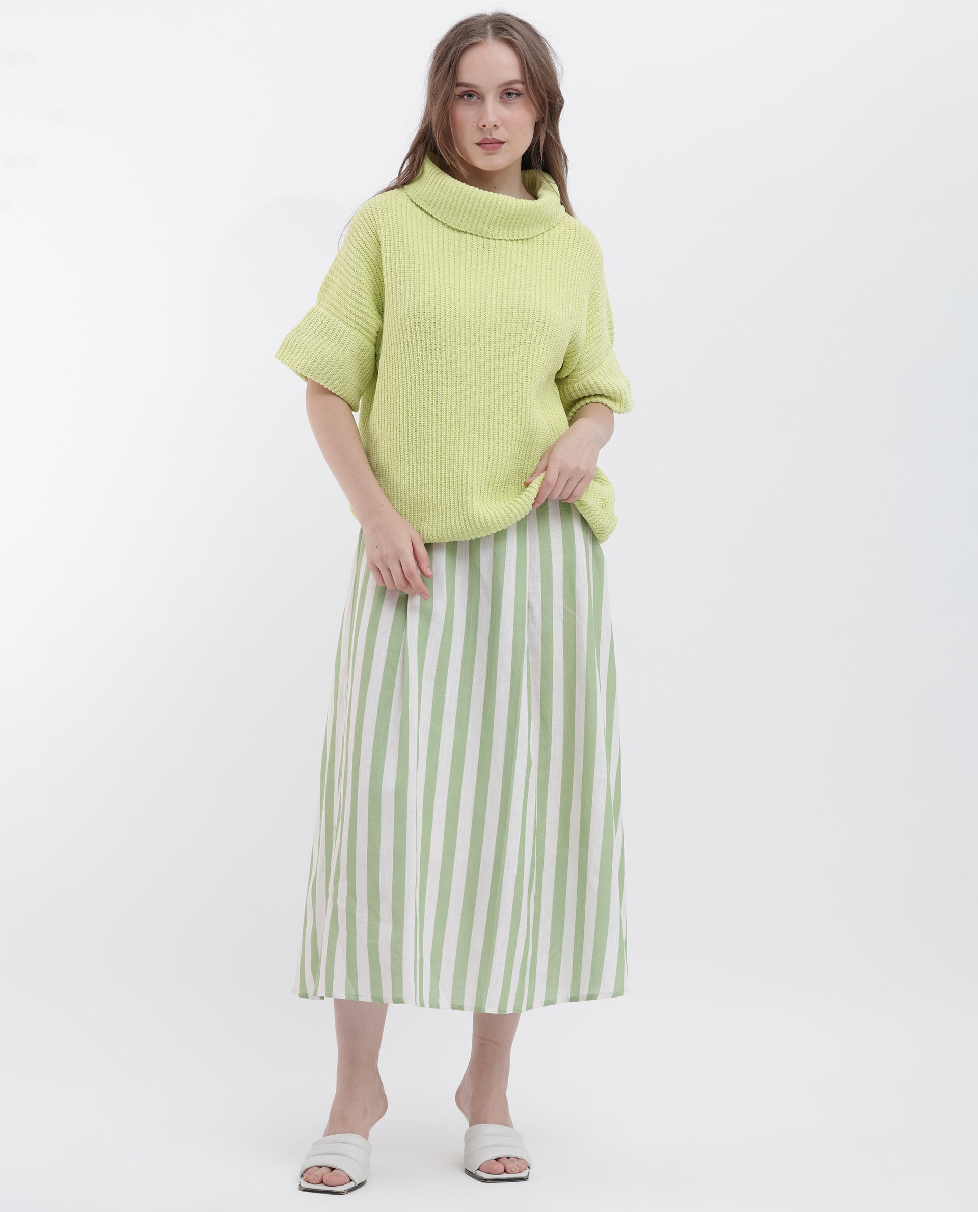 Rareism Women's Daffy 1 Flouroscent Yellow Cotton High Neck Plain Relaxed Fit Sweater