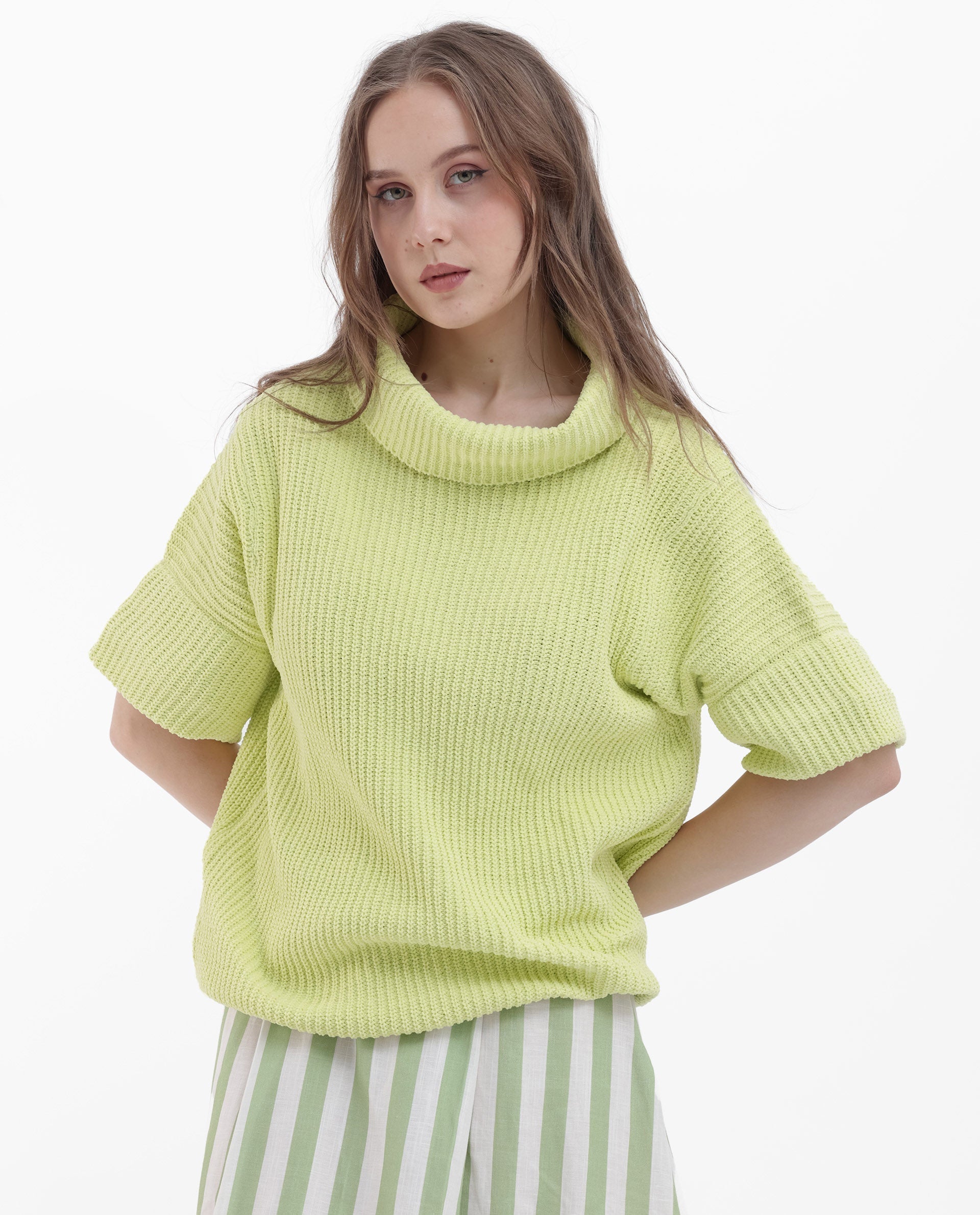 Rareism Women's Daffy 1 Flouroscent Yellow Cotton High Neck Plain Relaxed Fit Sweater