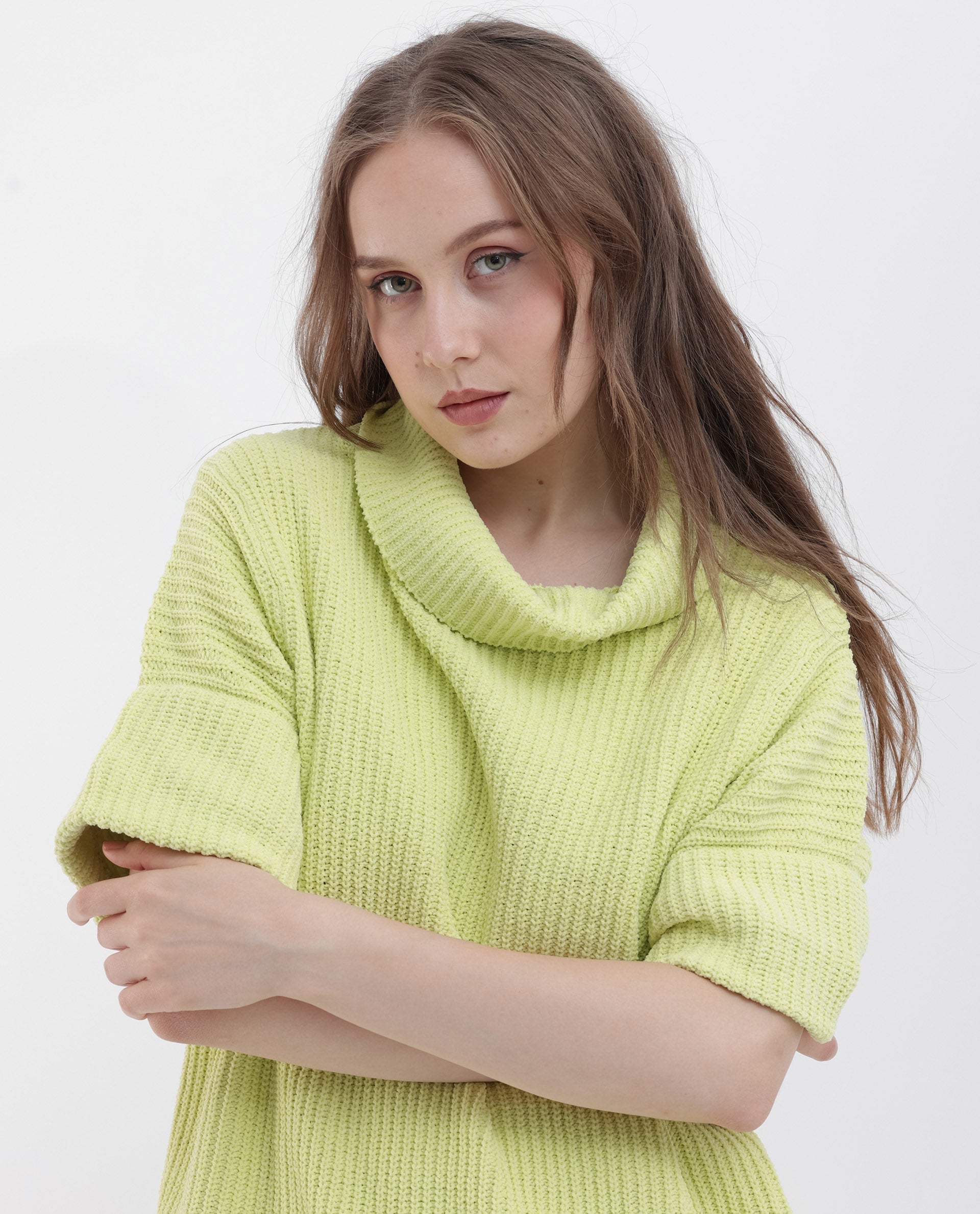 Rareism Women's Daffy 1 Flouroscent Yellow Cotton High Neck Plain Relaxed Fit Sweater