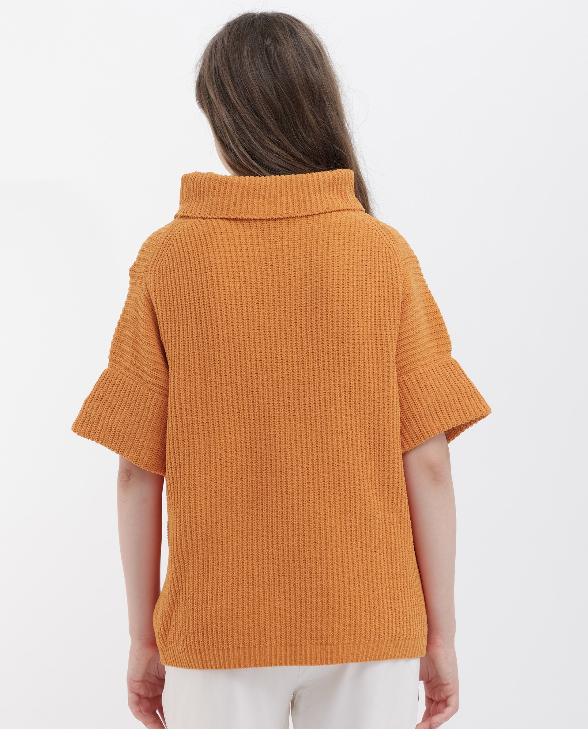 Rareism Women's Daffy 1 Orange Cotton High Neck Plain Relaxed Fit Sweater