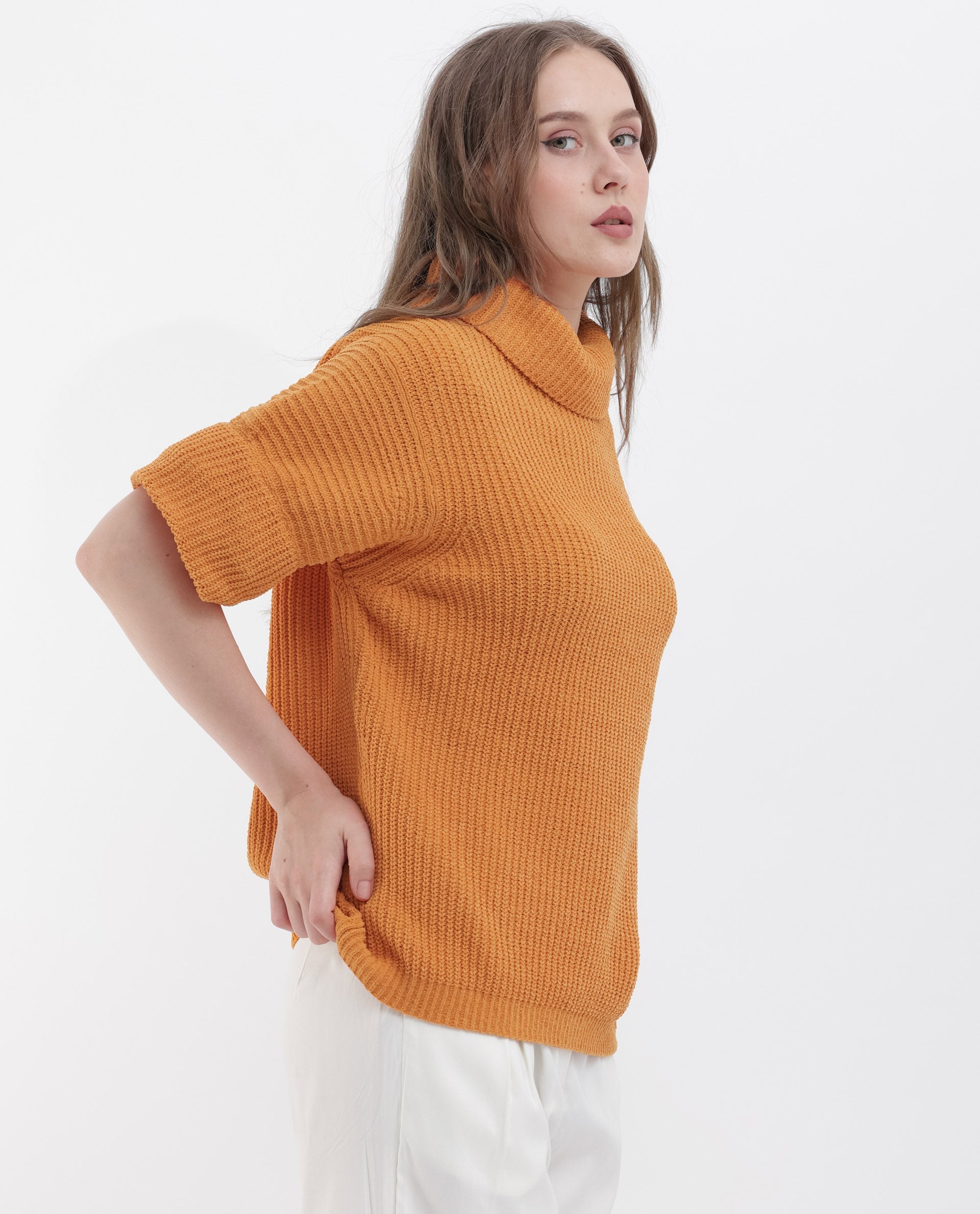 Rareism Women's Daffy 1 Orange Cotton High Neck Plain Relaxed Fit Sweater