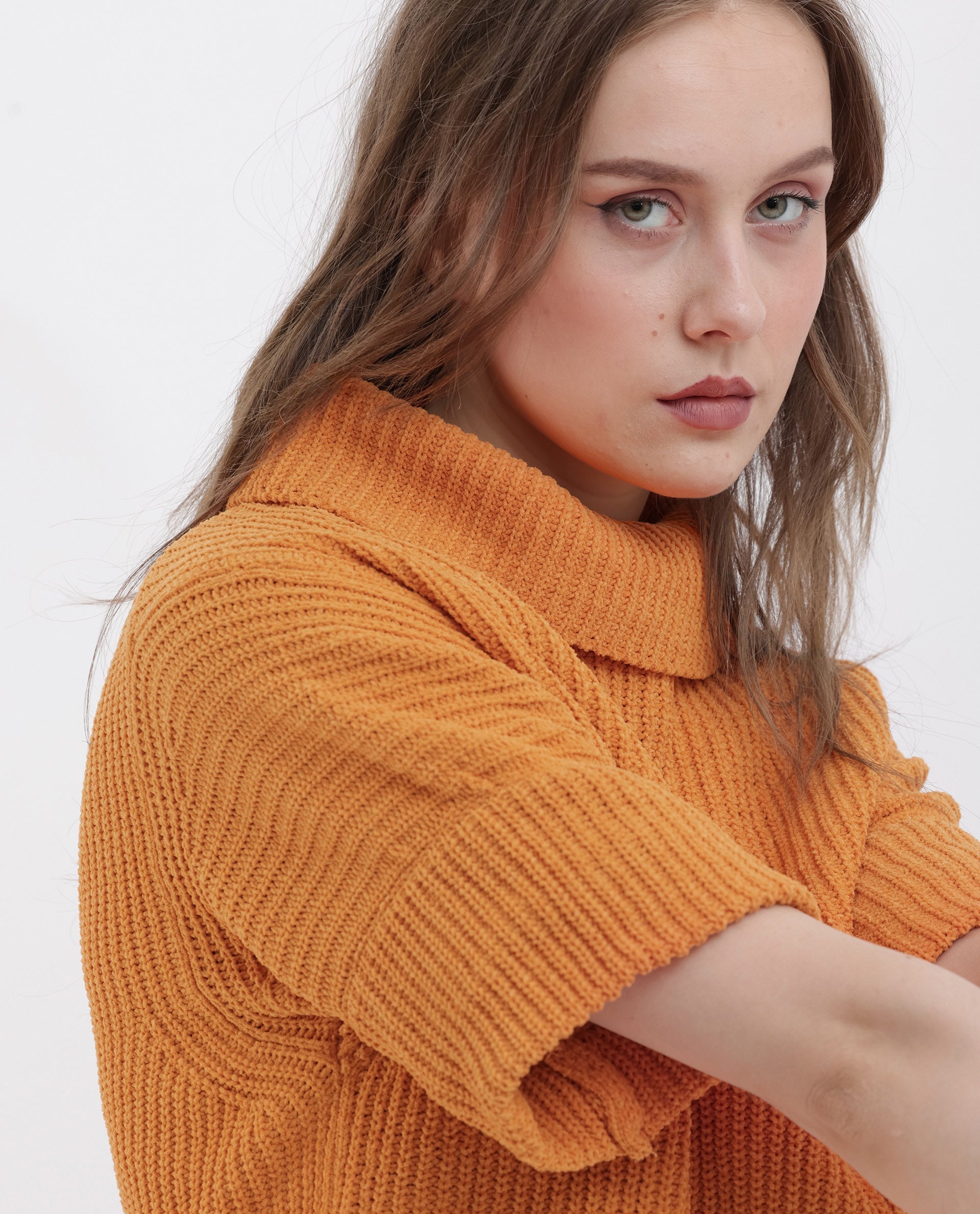 Rareism Women Daffy 1 Orange Cotton Fabric Short Sleeves High Neck Relaxed Fit Plain Sweater