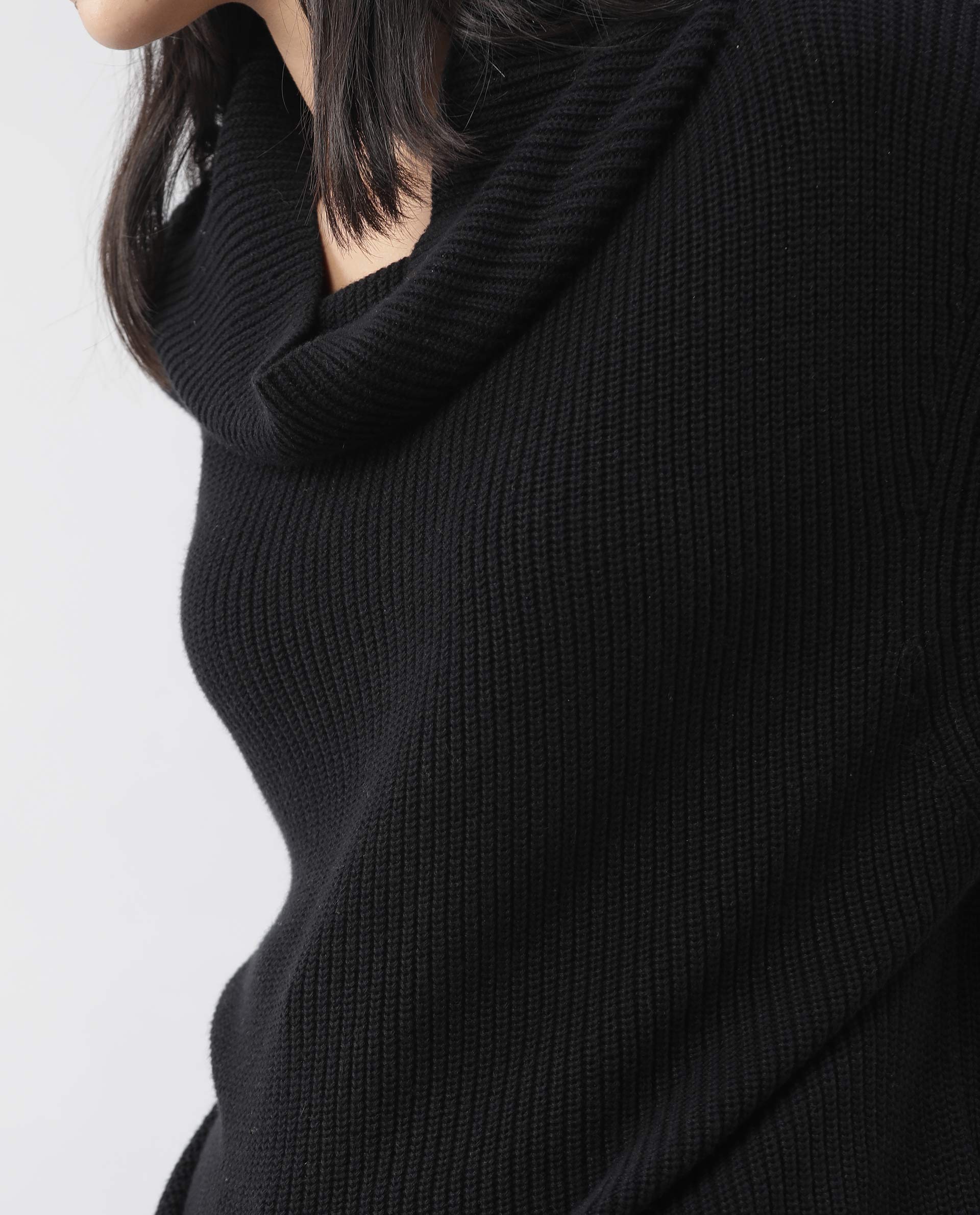 Rareism Women Daffy Black Cotton Fabric Half Sleeves Relaxed Fit Solid Cowl Neck Sweater