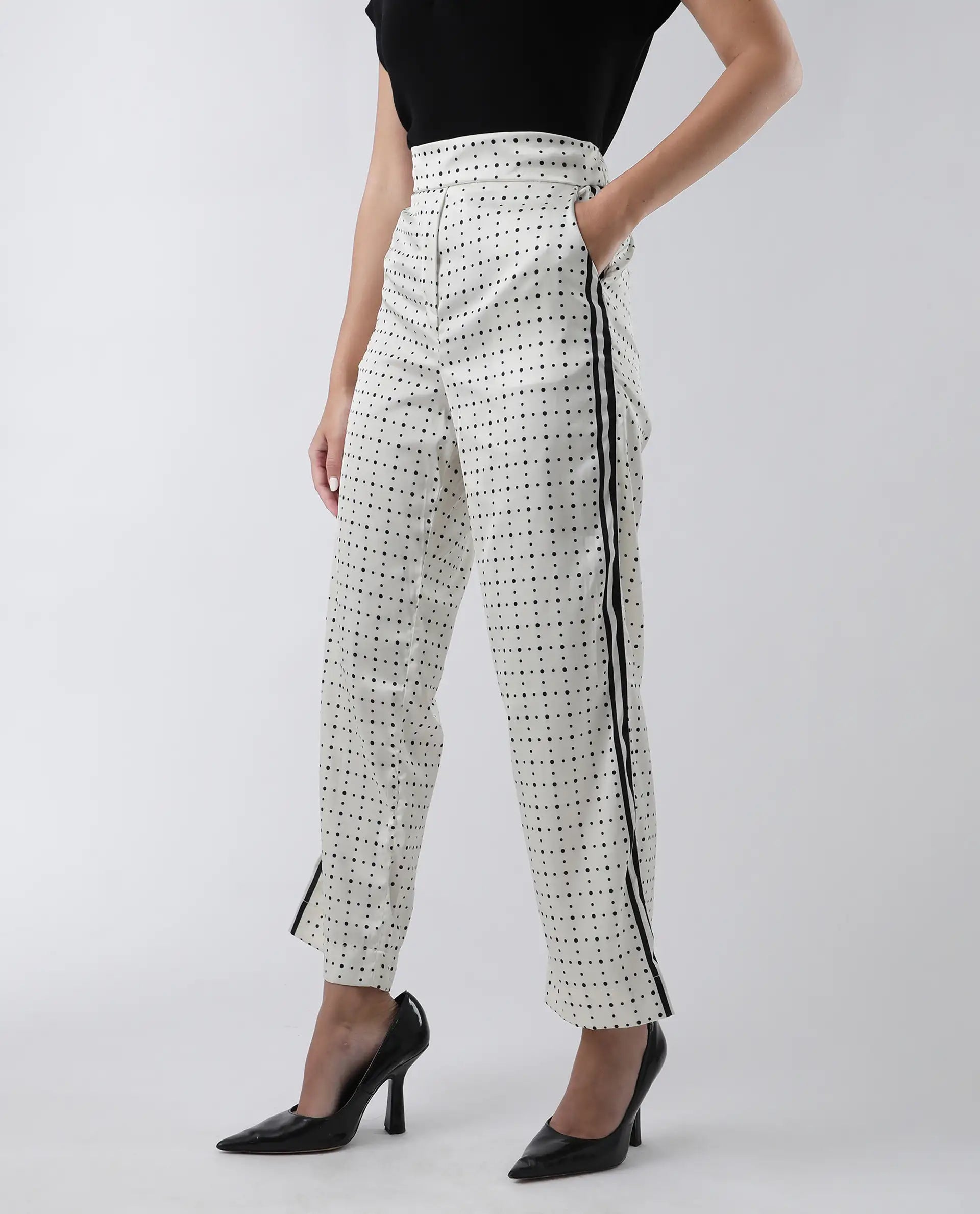 Rareism Women's Dales Beige Polyester Polka Print Ankle Length Tailored Trouser