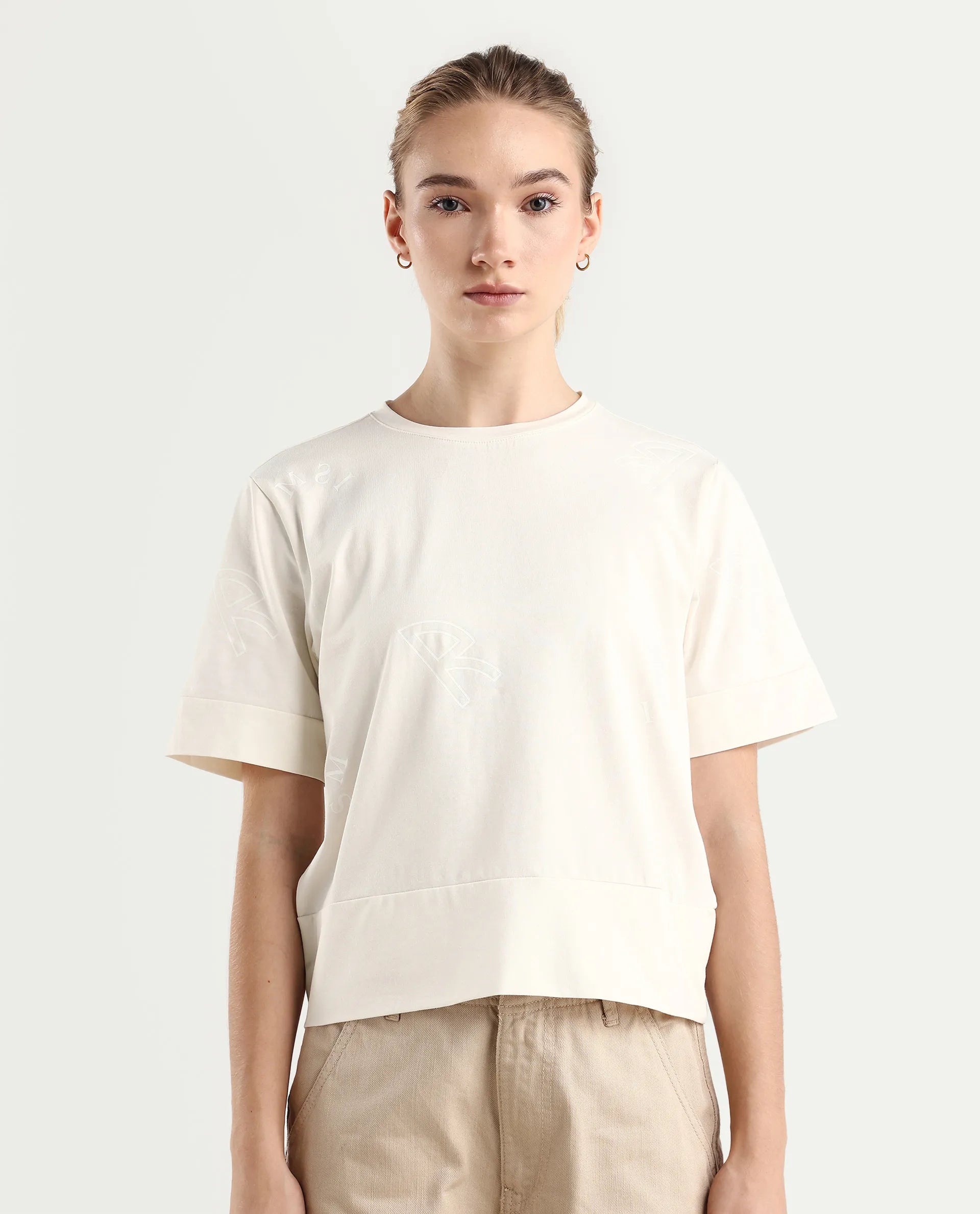 Rareism Women's Dandi Off White Cotton Blend Crew Neck Graphic Print Regular Fit T-Shirt