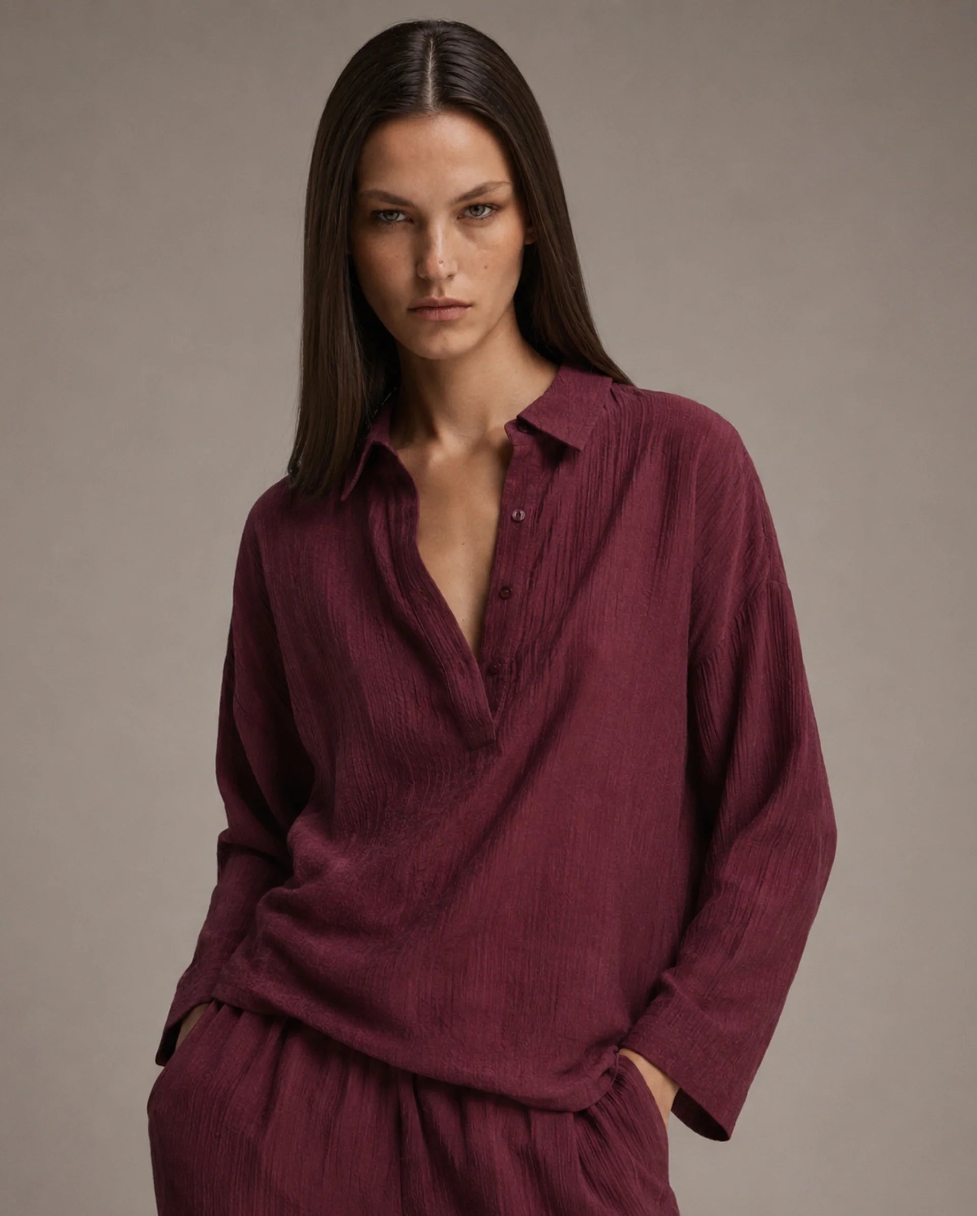 Rareism Women's Dano-T Maroon Viscose Blend Jonny Collar Pull-On Oversized Plain Top