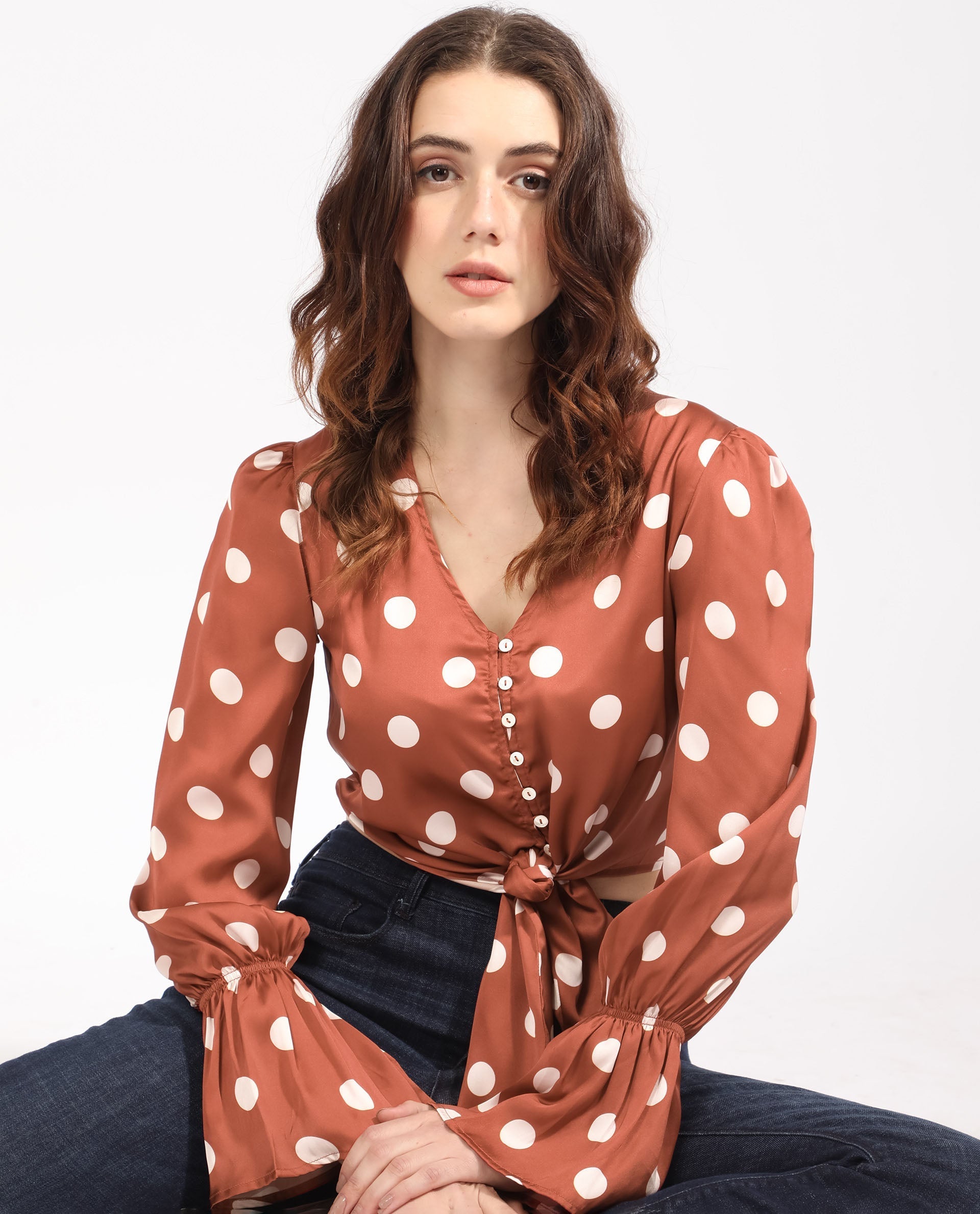 Rareism Women's Darty Brown Polyester V-Neck Polka Print Balloon Sleeve Crop Regular Fit Top