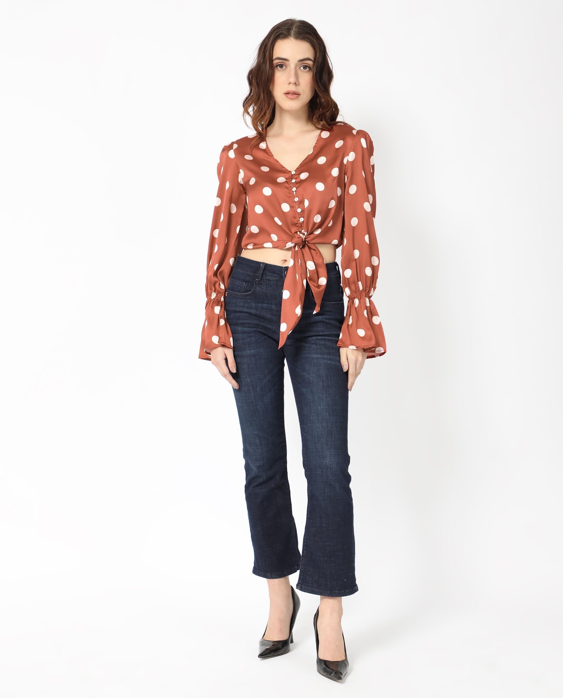 Rareism Women's Darty Brown Polyester V-Neck Polka Print Balloon Sleeve Crop Regular Fit Top