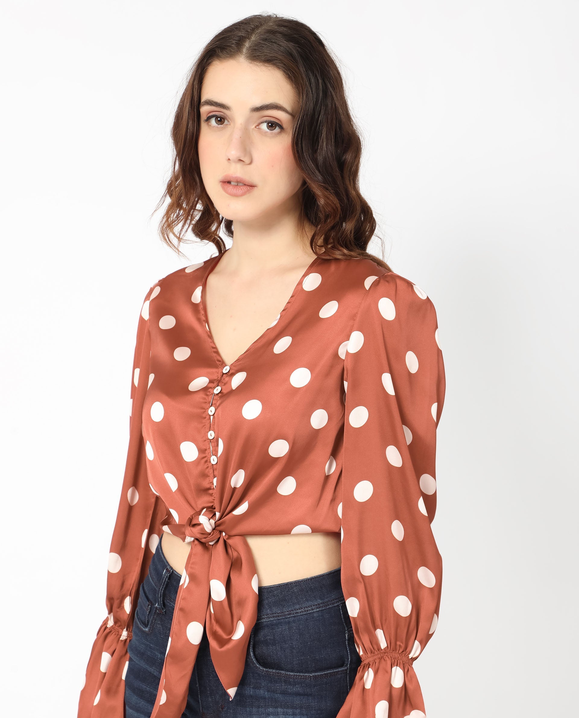 Rareism Women's Darty Brown Polyester V-Neck Polka Print Balloon Sleeve Crop Regular Fit Top