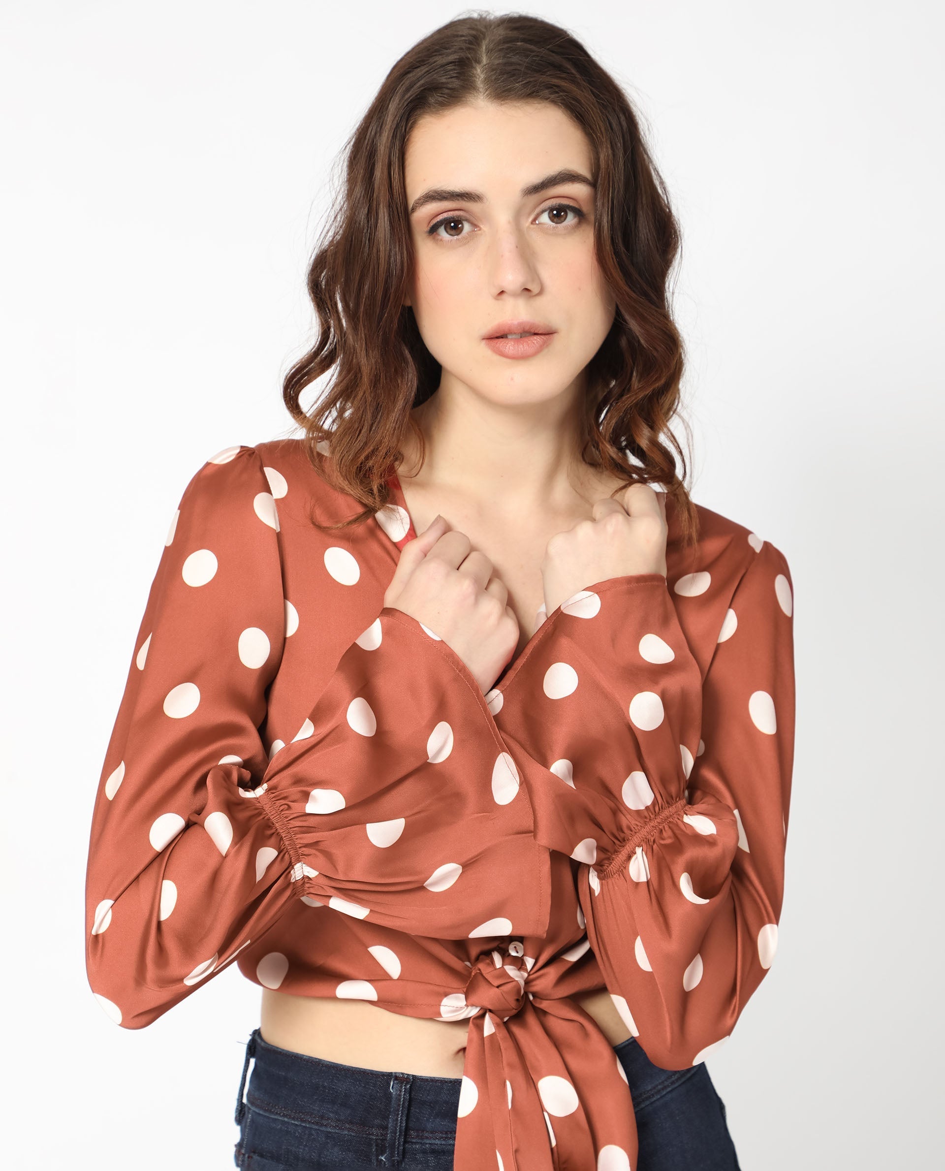 Rareism Women's Darty Brown Polyester V-Neck Polka Print Balloon Sleeve Crop Regular Fit Top