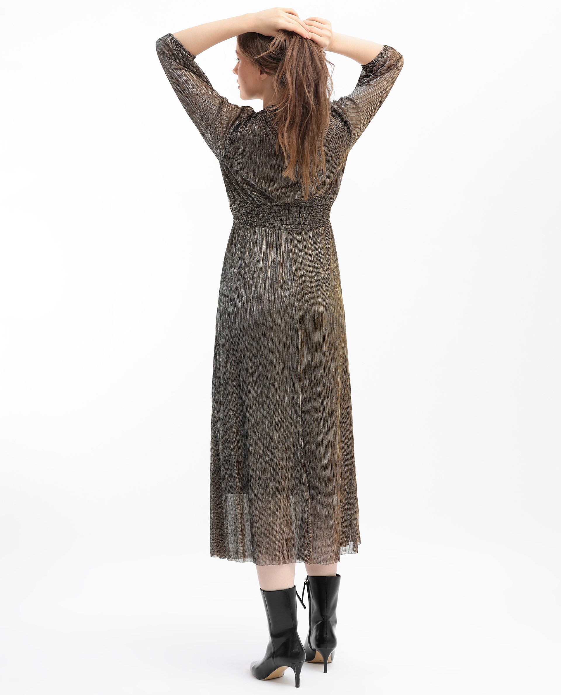 Rareism Women's Daso Metalic Gold Polyester Fabric Overlap Neck Balloon Sleeve Shimmer Fit And Flare Midi Dress