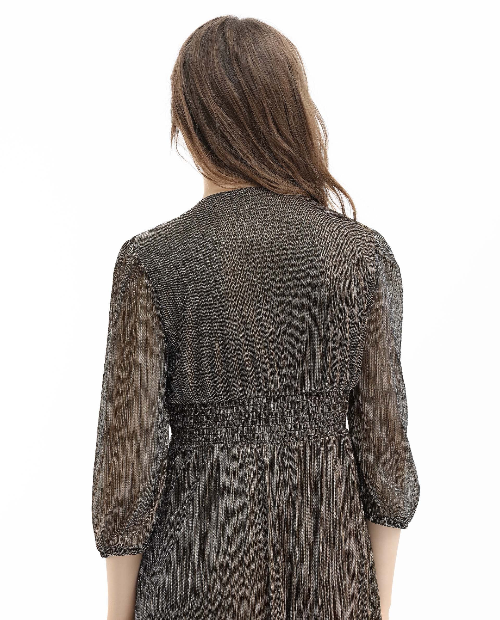 Rareism Women's Daso Metalic Gold Polyester Fabric Overlap Neck Balloon Sleeve Shimmer Fit And Flare Midi Dress