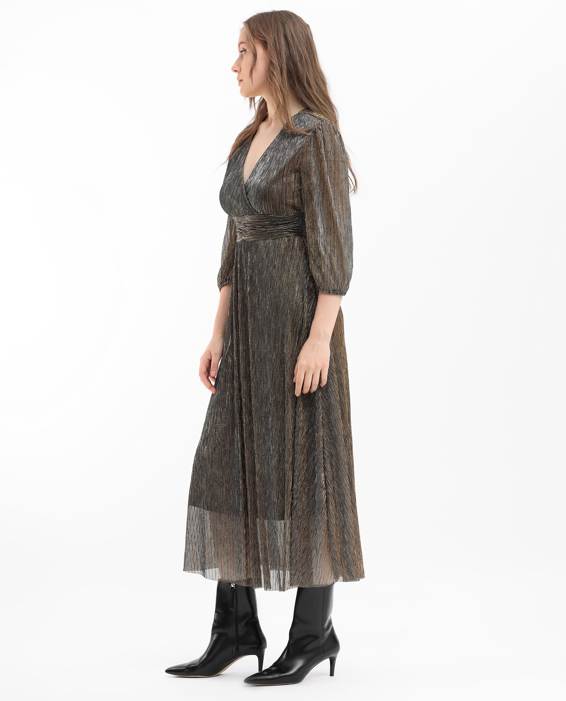 Rareism Women's Daso Metalic Gold Polyester Fabric Overlap Neck Balloon Sleeve Shimmer Fit And Flare Midi Dress