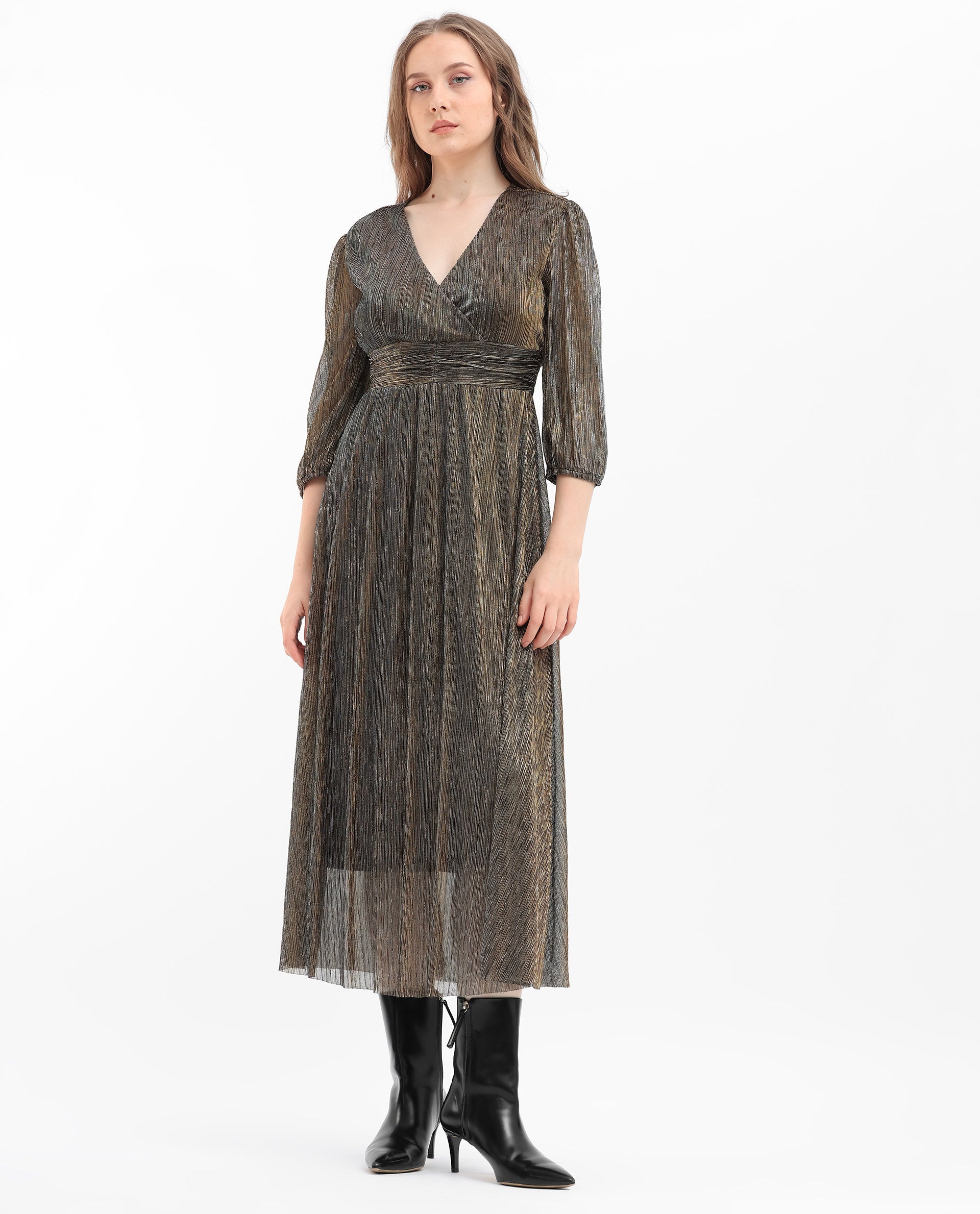 Rareism Women's Daso Metalic Gold Polyester Fabric Overlap Neck Balloon Sleeve Shimmer Fit And Flare Midi Dress