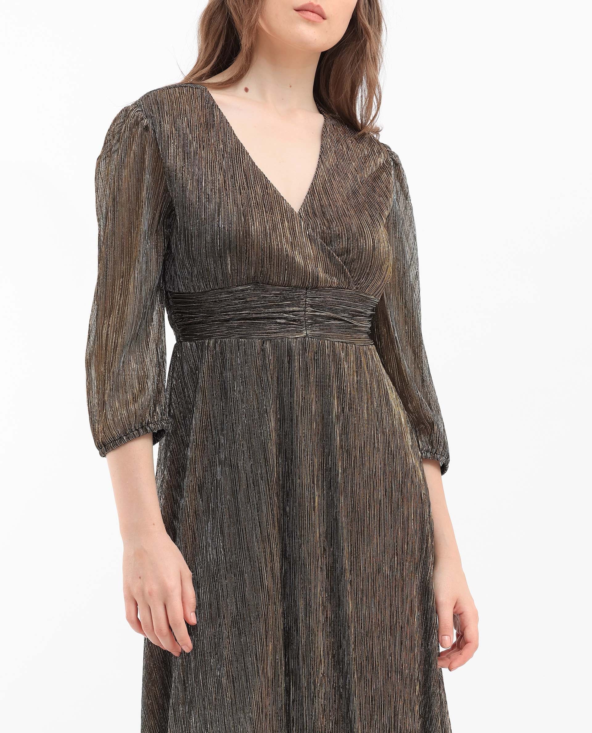 Rareism Women's Daso Metalic Gold Polyester Fabric Overlap Neck Balloon Sleeve Shimmer Fit And Flare Midi Dress