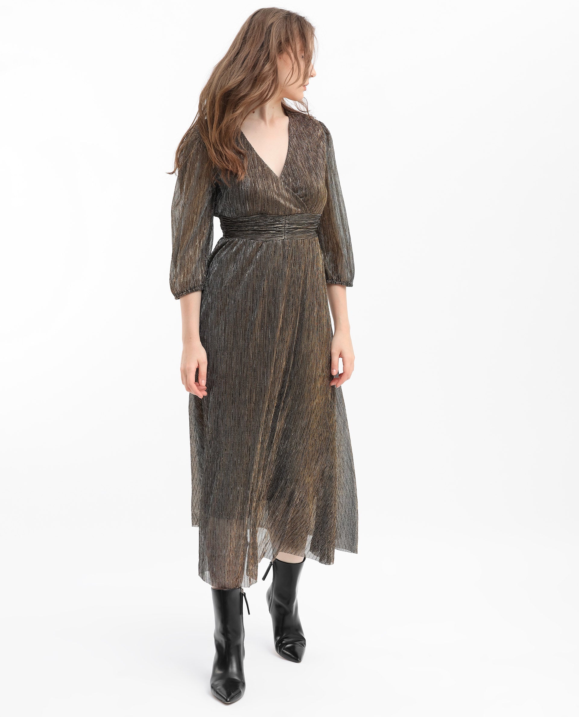 Rareism Women's Daso Metalic Gold Polyester Fabric Overlap Neck Balloon Sleeve Shimmer Fit And Flare Midi Dress