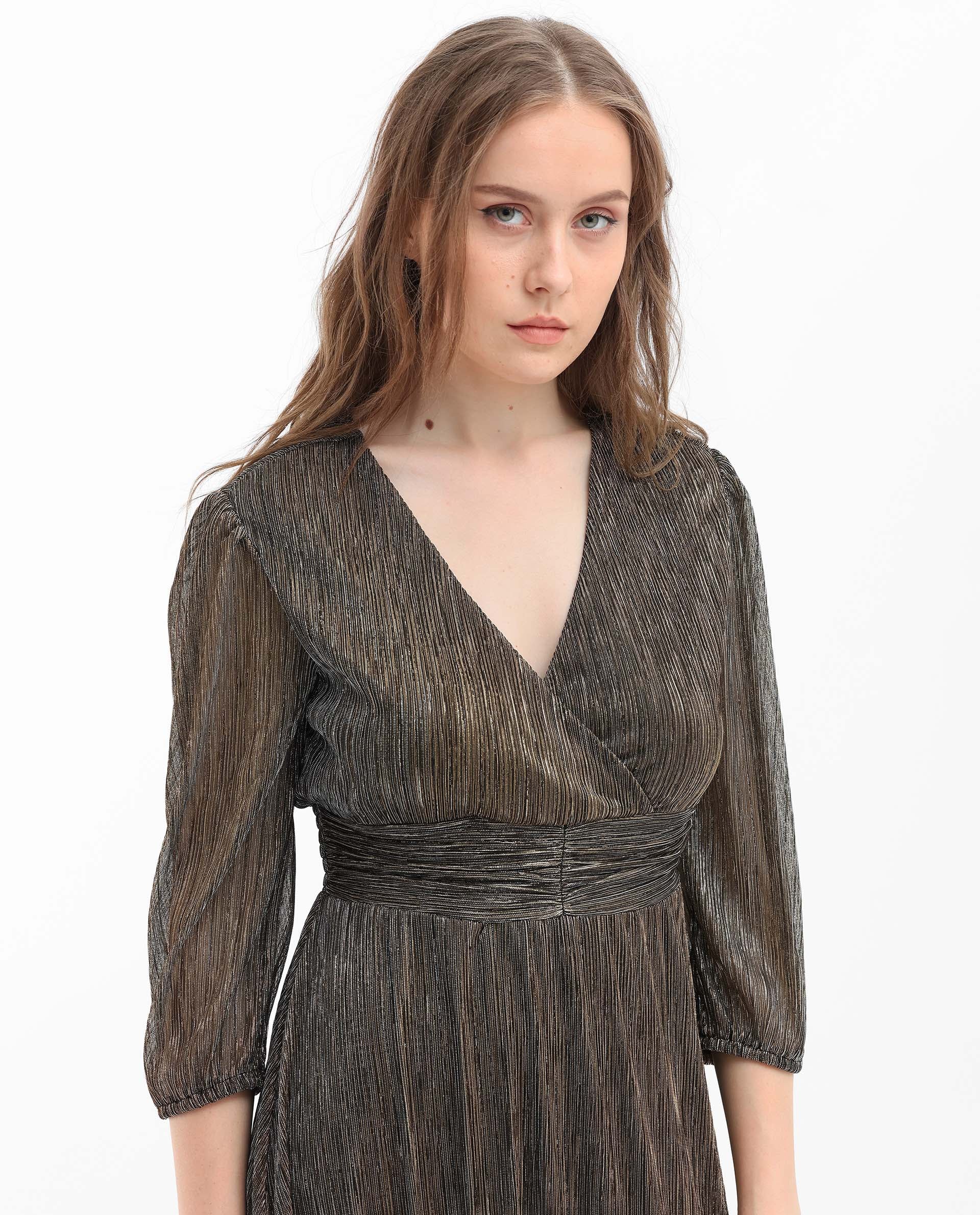 Rareism Women's Daso Metalic Gold Polyester Fabric Overlap Neck Balloon Sleeve Shimmer Fit And Flare Midi Dress