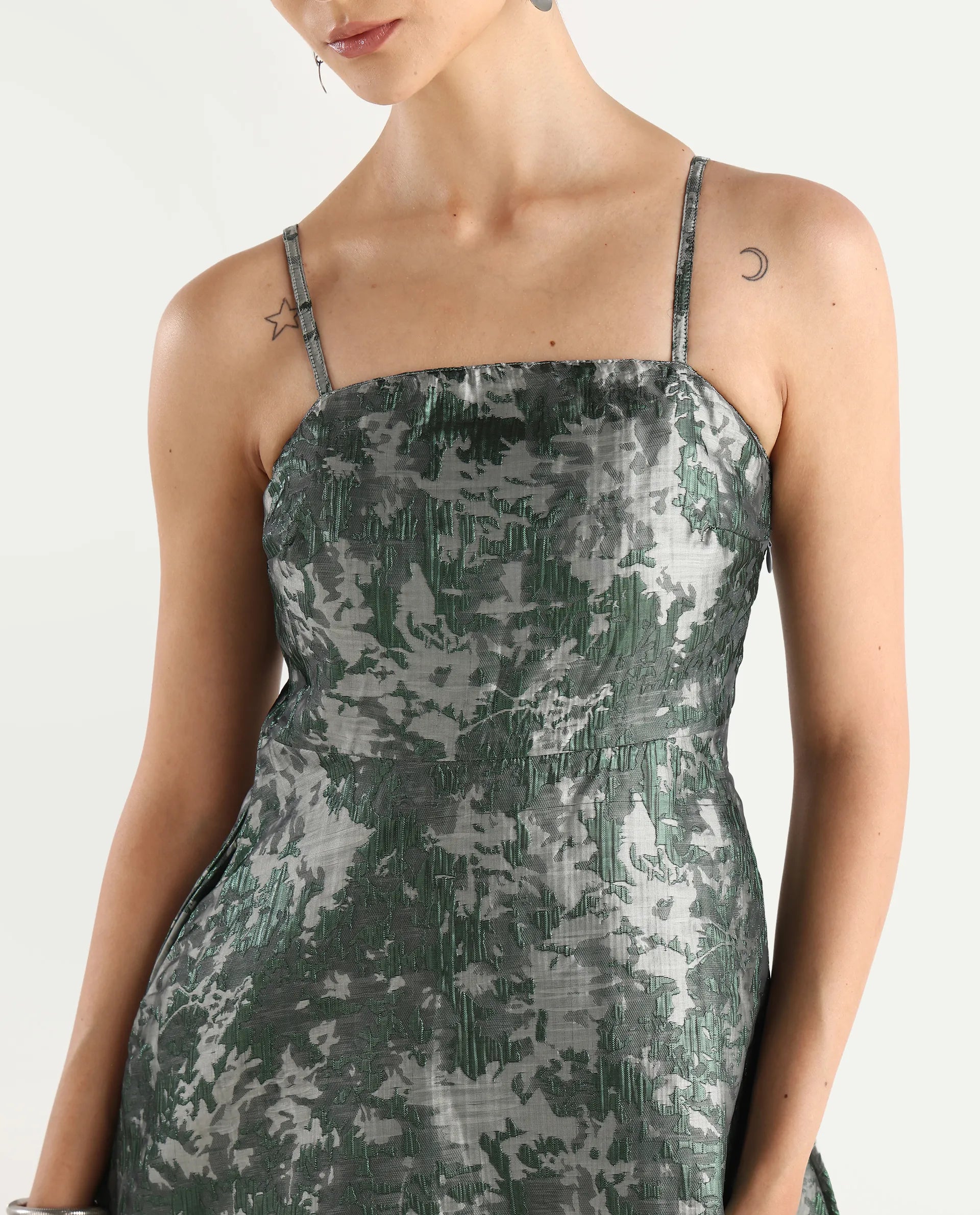 Rareism Women's Davao Metallic Green Viscose Shoulder Strap Jacquard Sleeveless Knee Length Fit And Flare Dress
