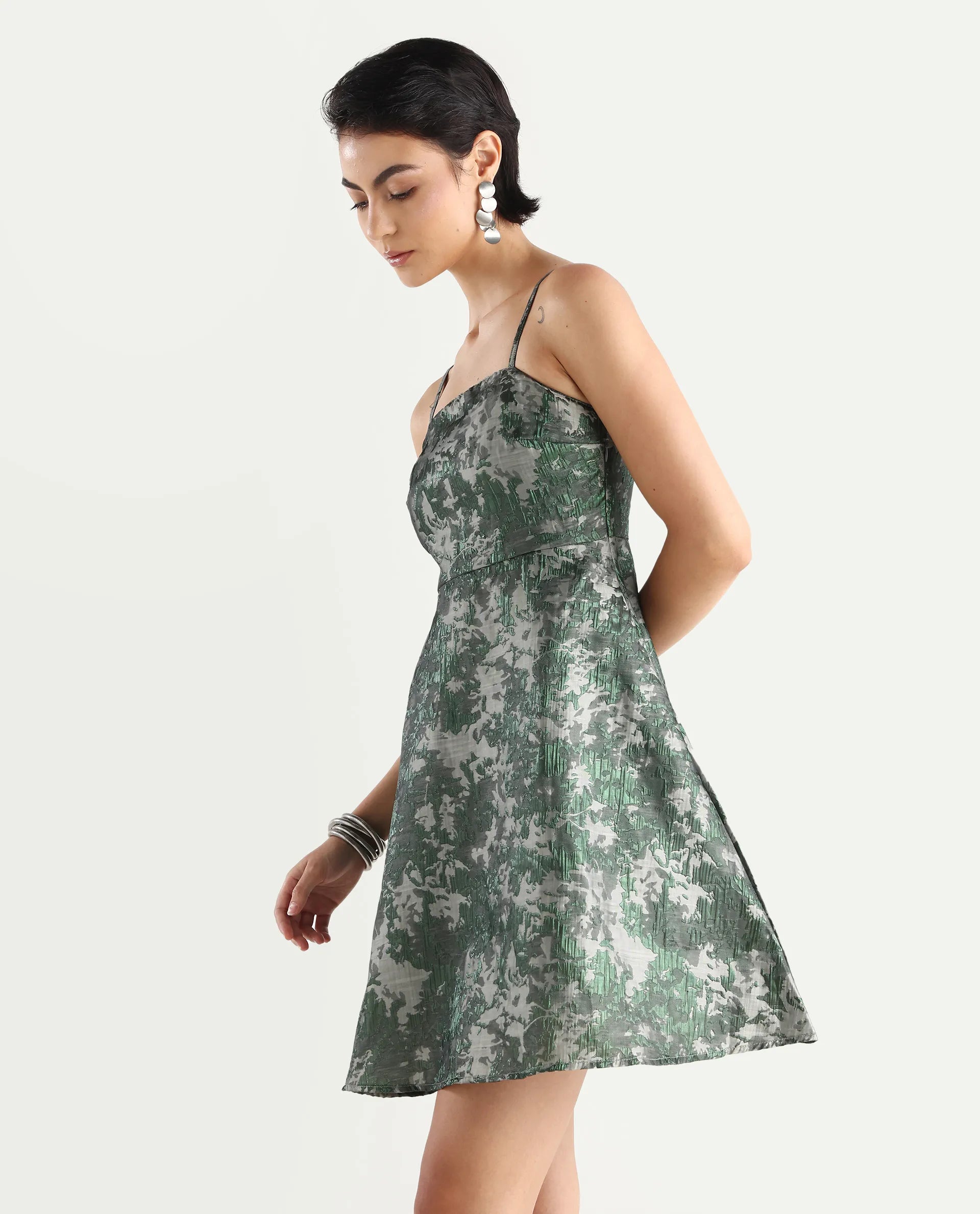 Rareism Women's Davao Metallic Green Viscose Shoulder Strap Jacquard Sleeveless Knee Length Fit And Flare Dress