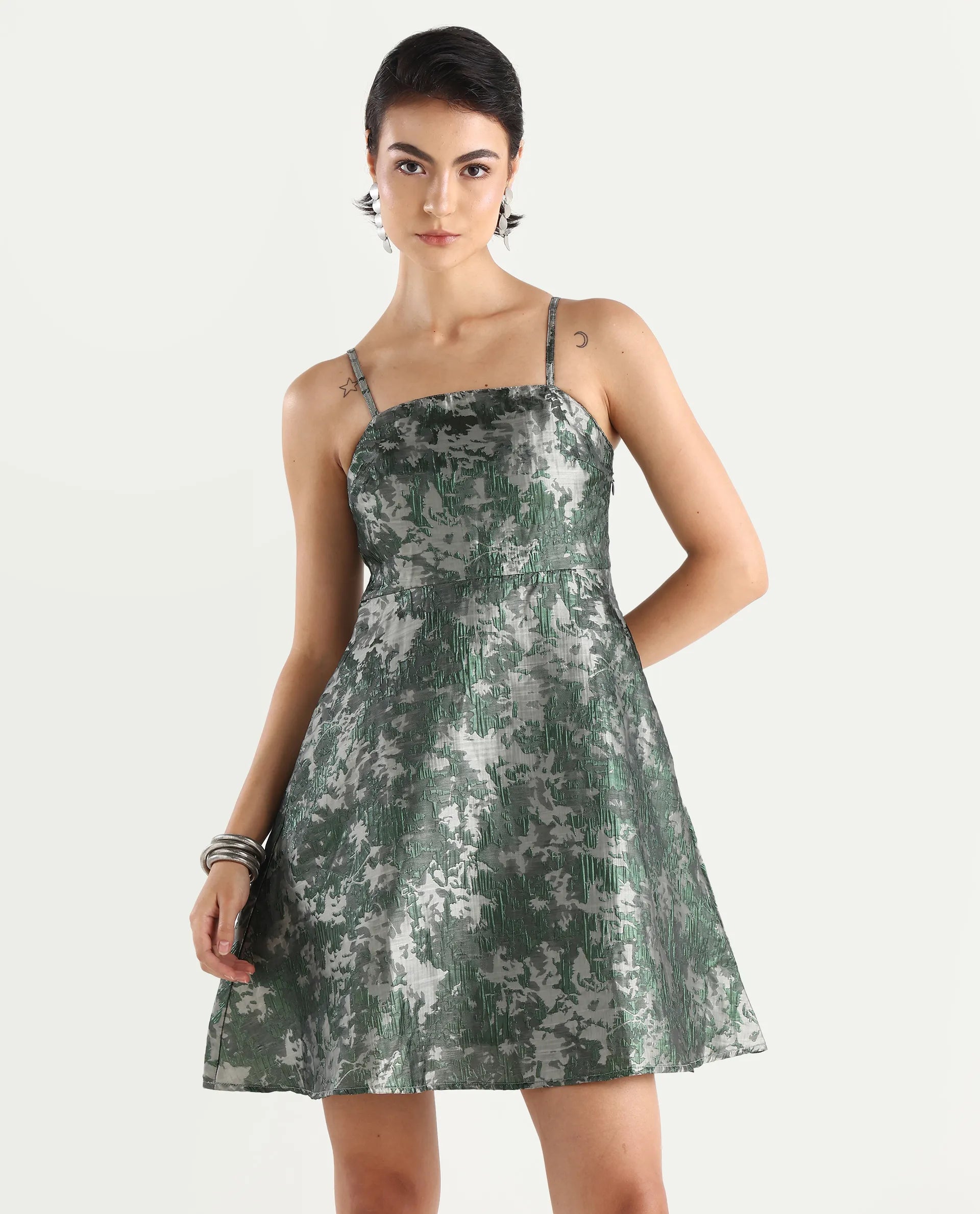 Rareism Women's Davao Metallic Green Viscose Shoulder Strap Jacquard Sleeveless Knee Length Fit And Flare Dress