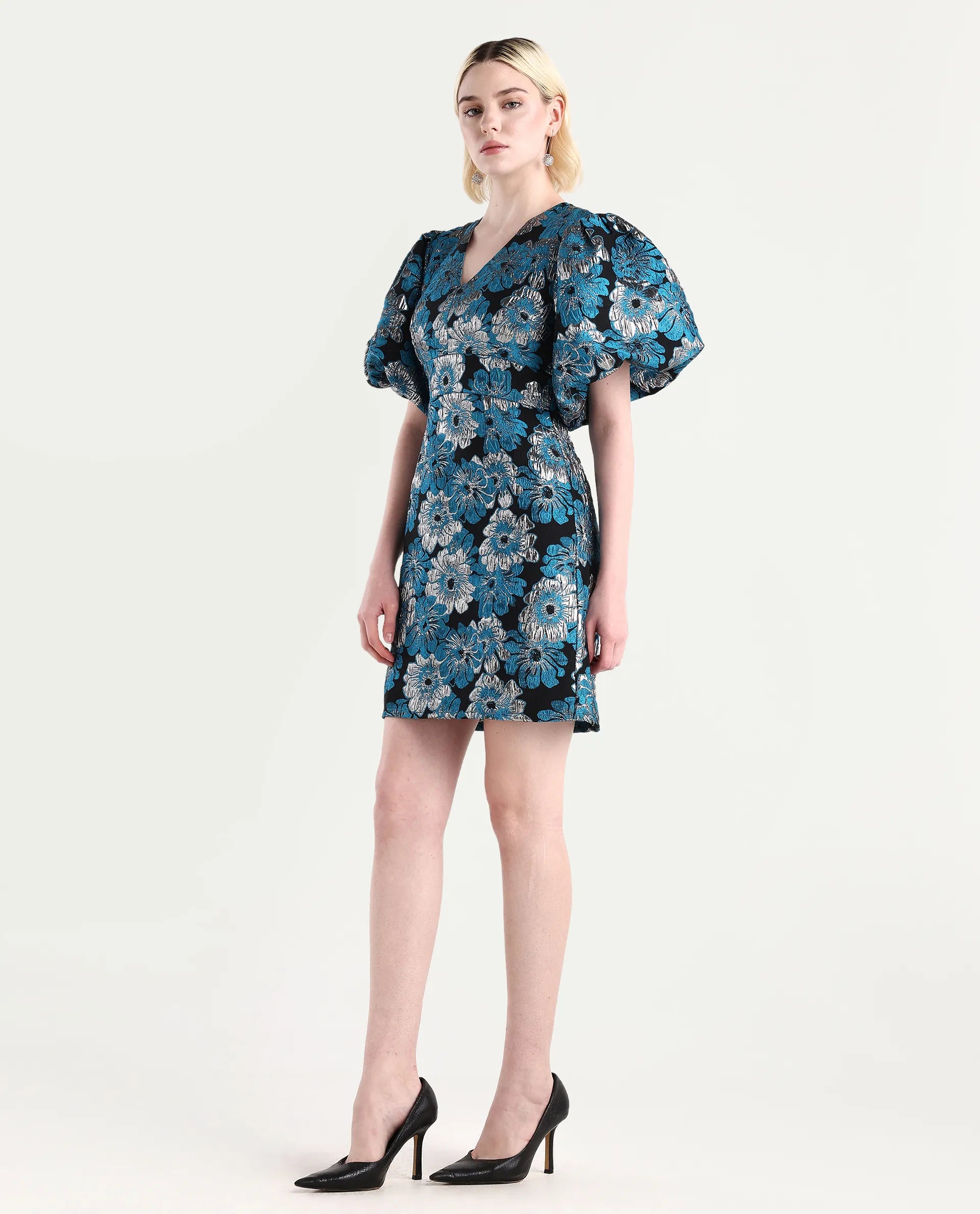 Rareism Women's Daveth Metalic Blue V-Neck Floral Print Puff Sleeves Knee Length Regular Fit Dress
