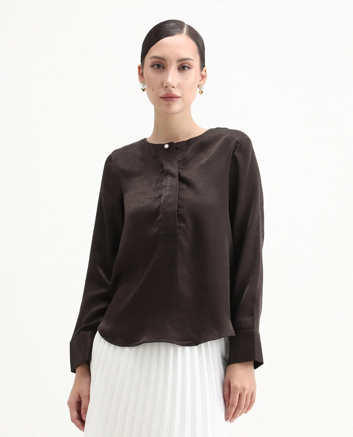 Rareism Women's Daxzo Brown Velvet Crew Neck Plain Relaxed Fit Top