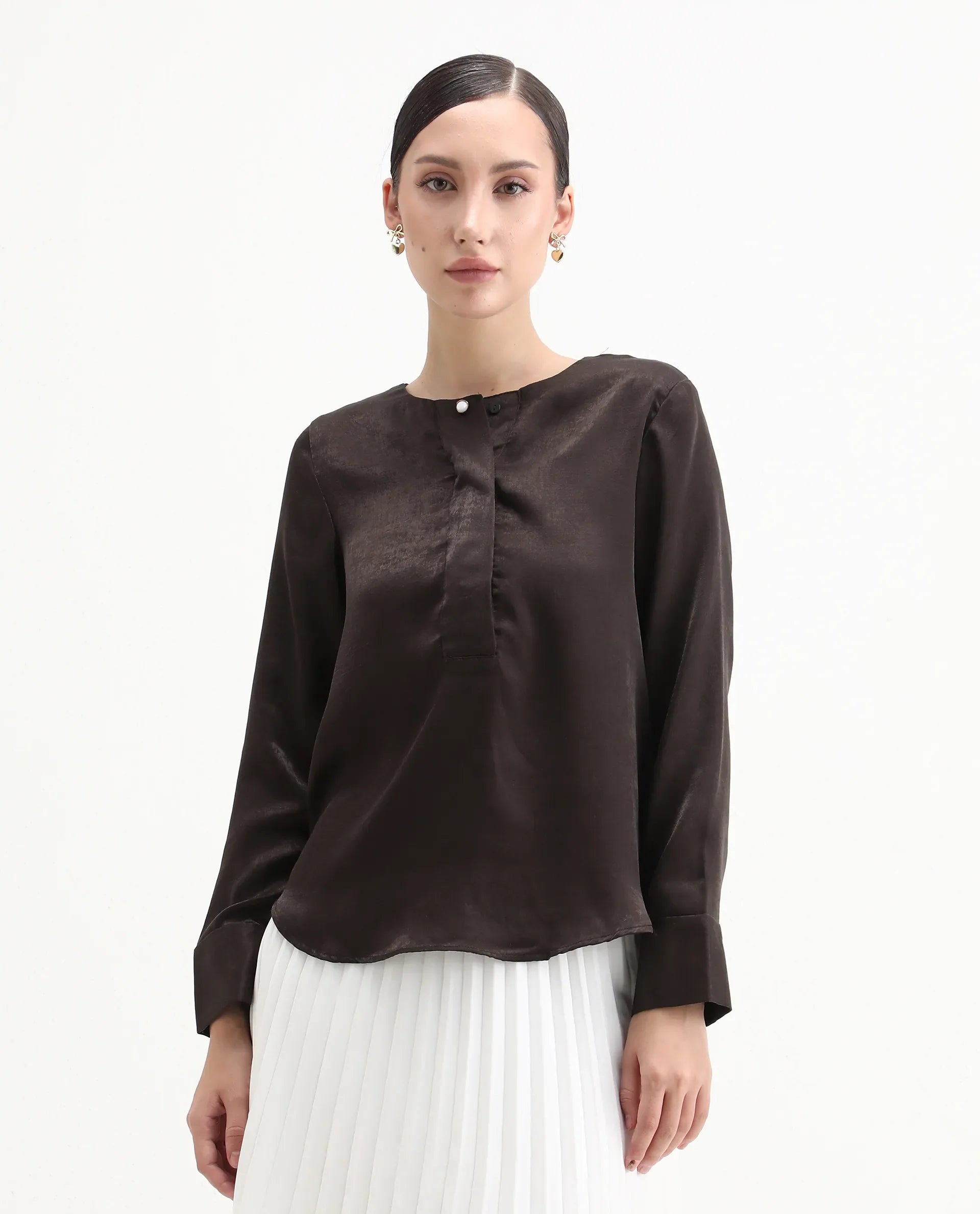 Rareism Women's Daxzo Brown Velvet Crew Neck Plain Relaxed Fit Top