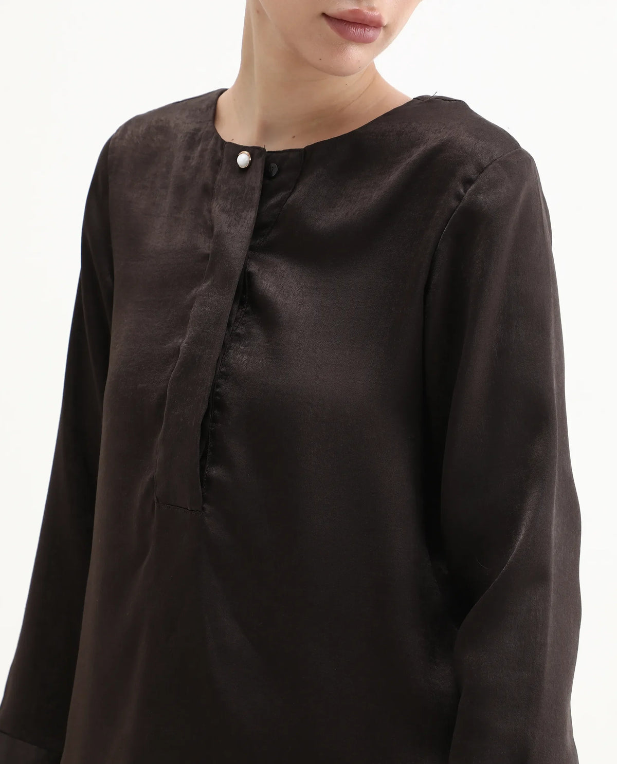 Rareism Women's Daxzo Brown Velvet Crew Neck Plain Relaxed Fit Top