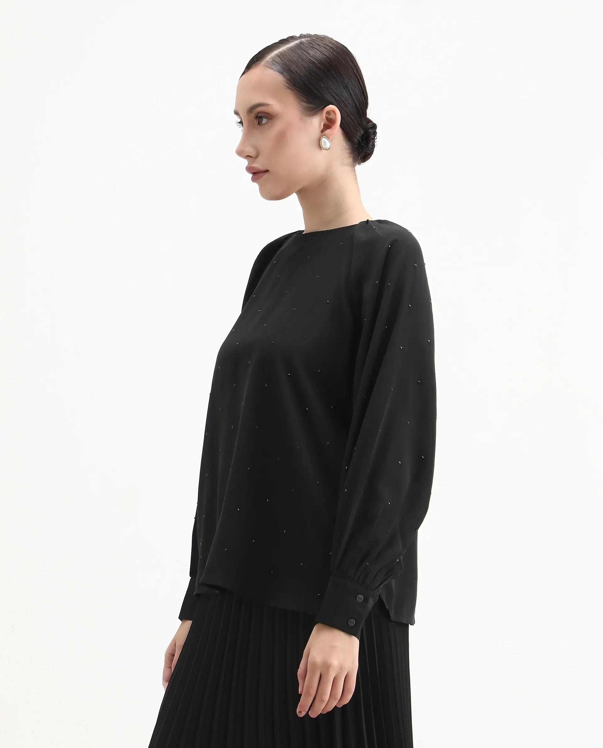 Rareism Women's Debie Black Satin High Neck Plain Cuffed Sleeve Boxy Fit Top