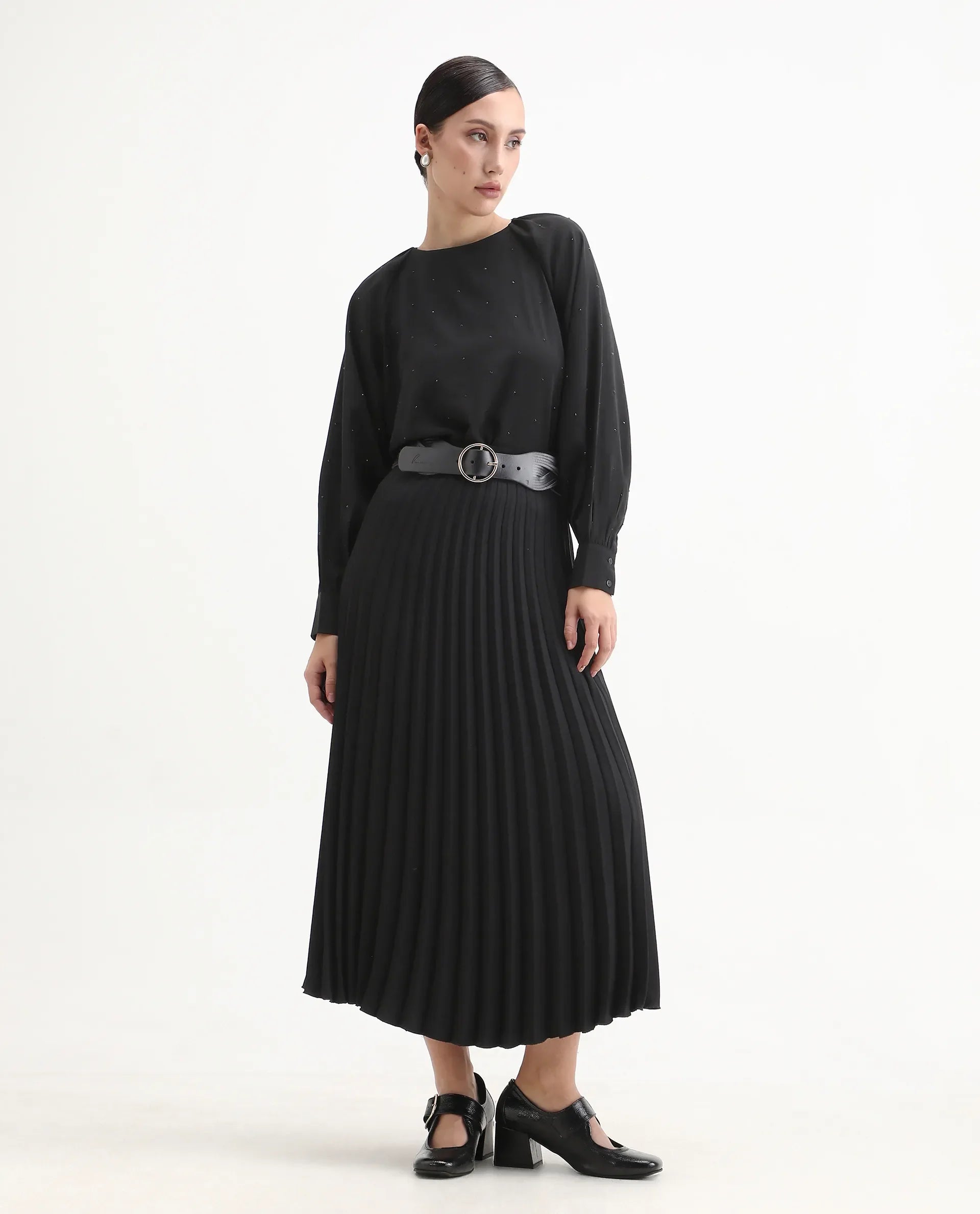 Rareism Women's Debie Black Satin High Neck Plain Cuffed Sleeve Boxy Fit Top