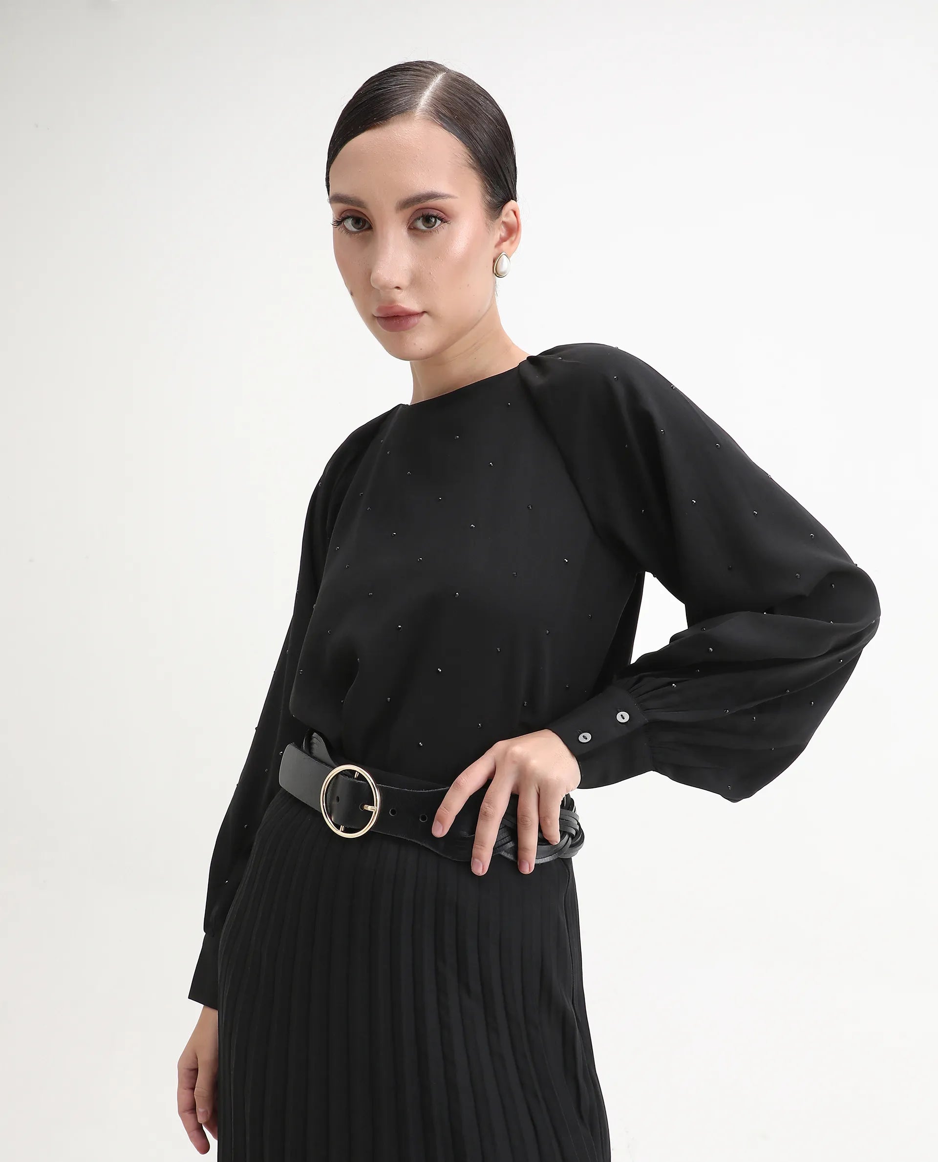 Rareism Women's Debie Black Satin High Neck Plain Cuffed Sleeve Boxy Fit Top